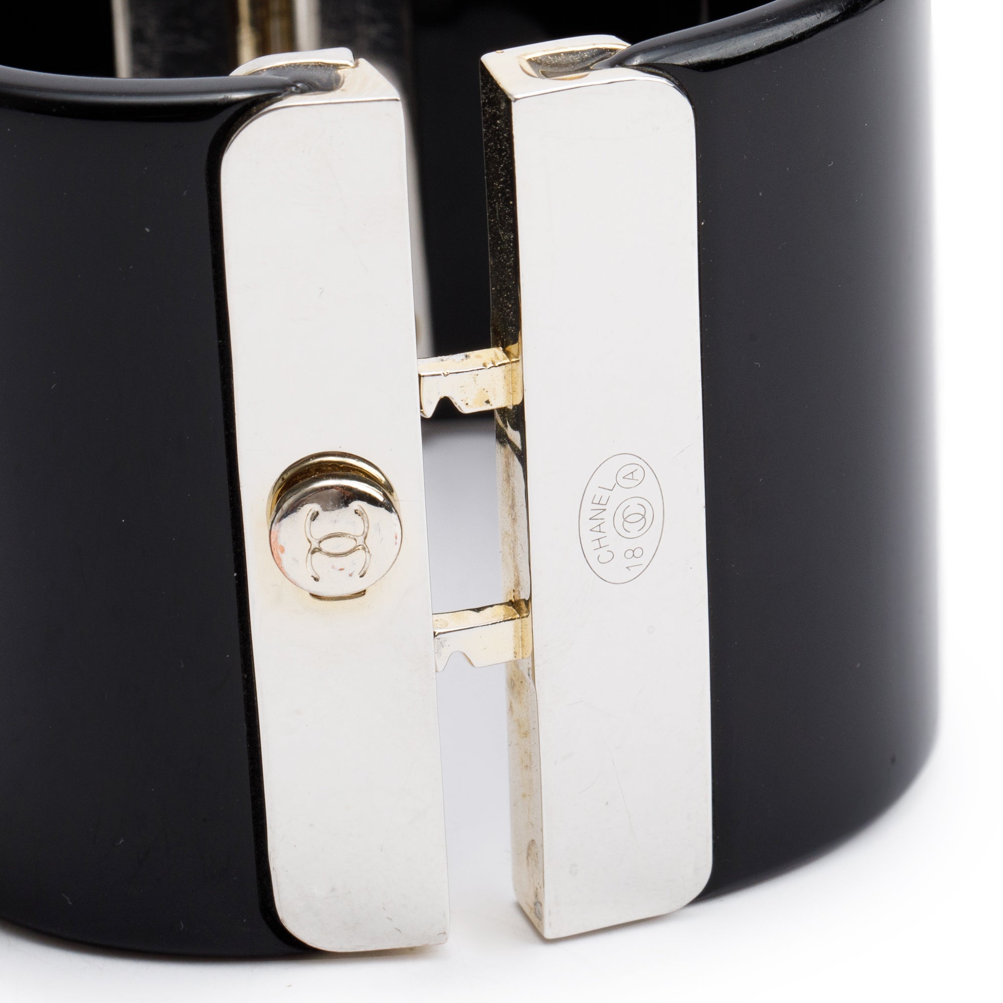 Chanel Gold Plated Black Resin Strass CC Hinged Bangle
