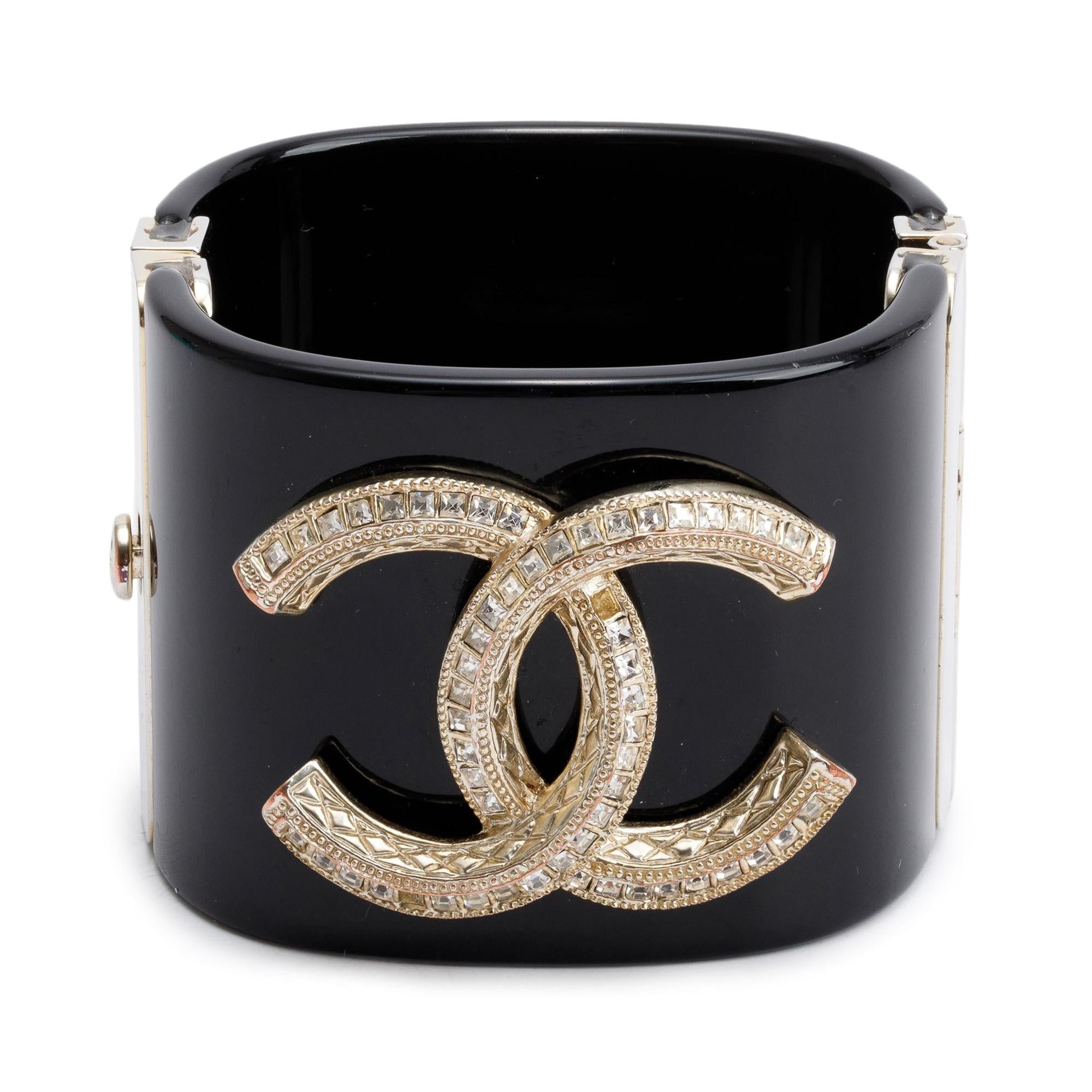 Chanel Gold Plated Black Resin Strass CC Hinged Bangle