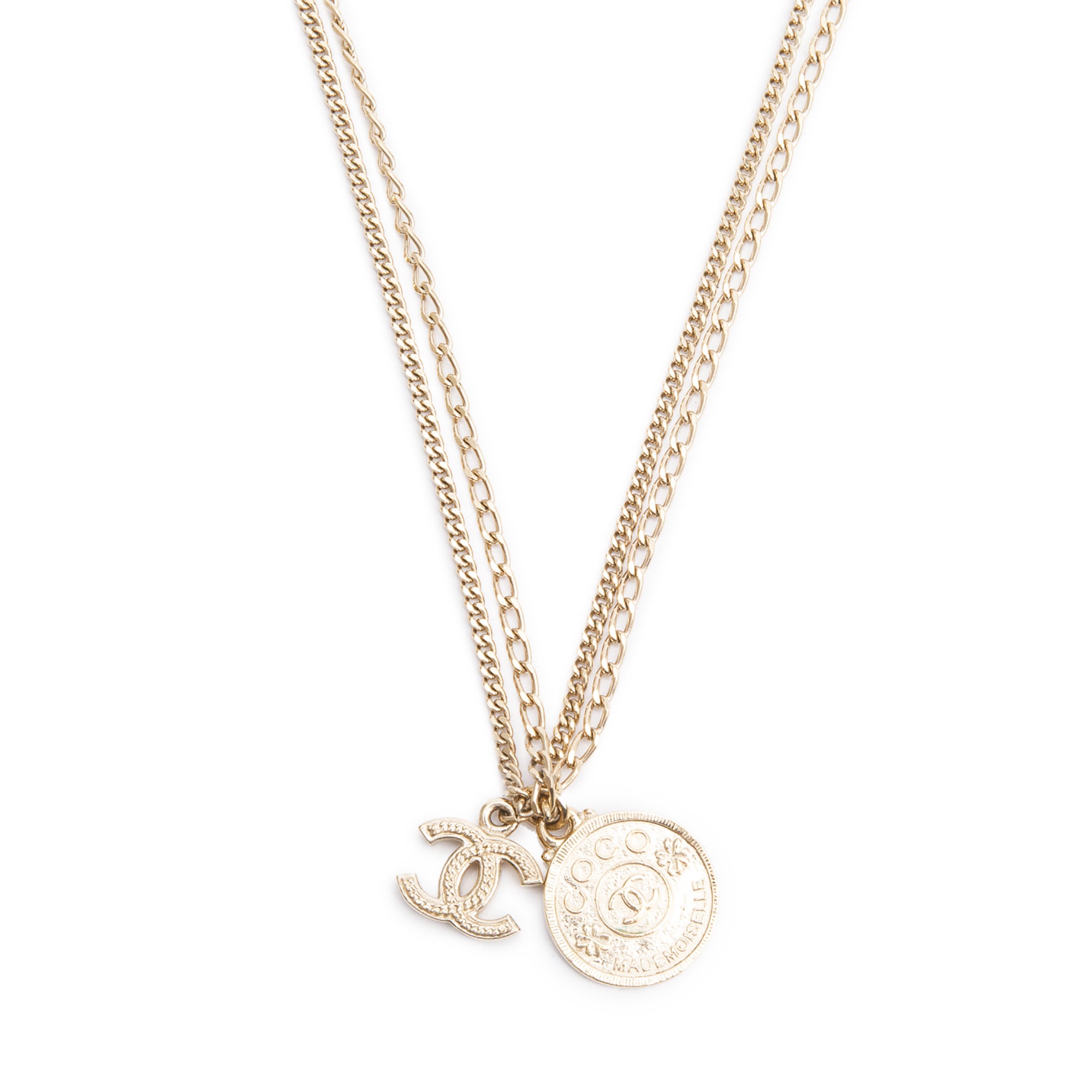 Chanel Gold-Plated CC & Coco Mademoiselle Coin Pendant Necklace w/ Box