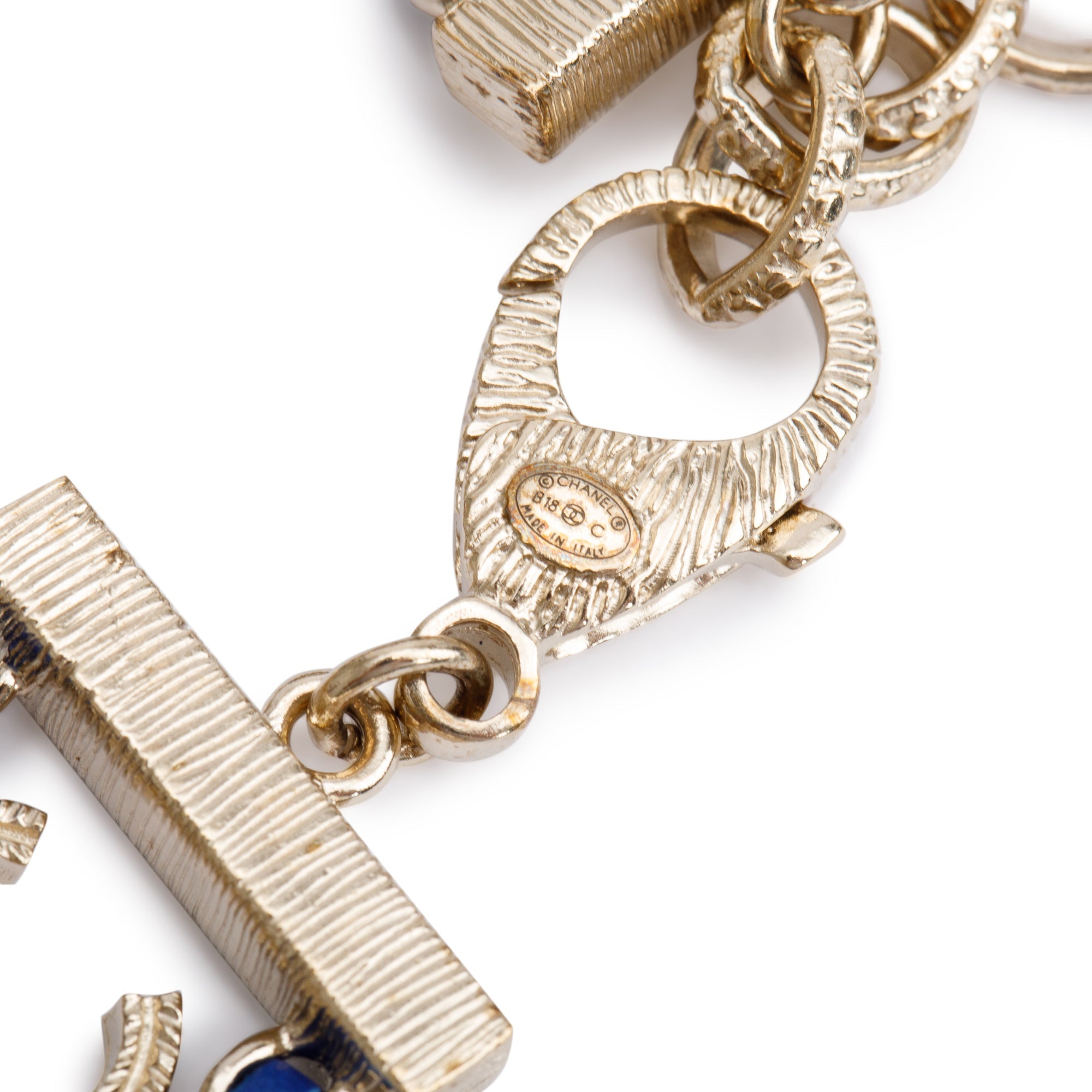 Chanel Gold Plated Chain-Link & Blue Leather CC Logo Bracelet