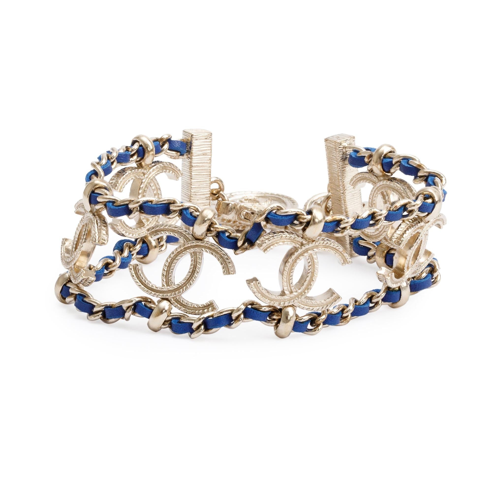 Chanel Gold Plated Chain-Link & Blue Leather CC Logo Bracelet