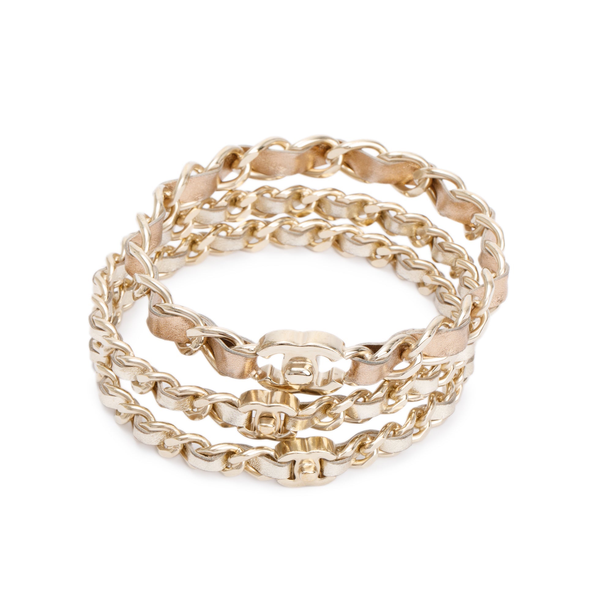 Chanel Gold Plated Chain-Link & Woven Leather Three-Piece Bangle Set