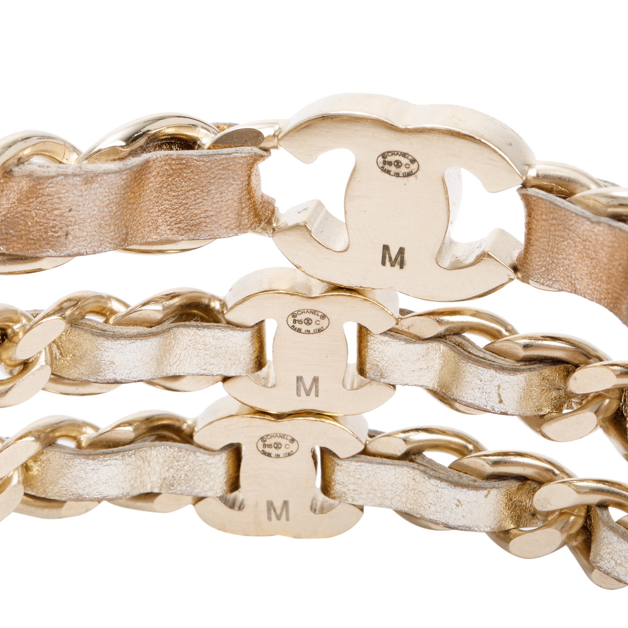 Chanel Gold Plated Chain-Link & Woven Leather Three-Piece Bangle Set