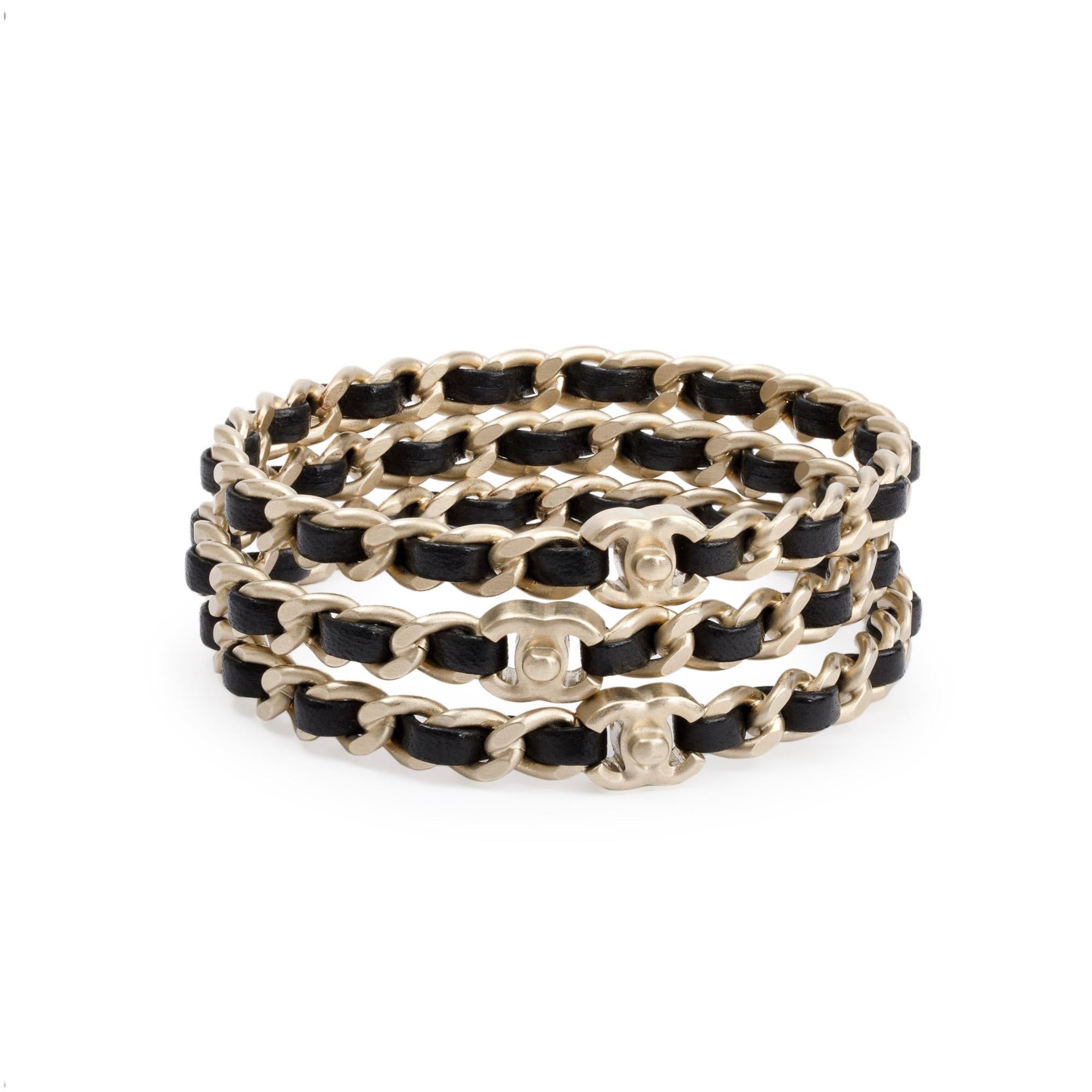 Chanel Gold Plated Chain-Link & Woven Leather Three-Piece Bangle Set