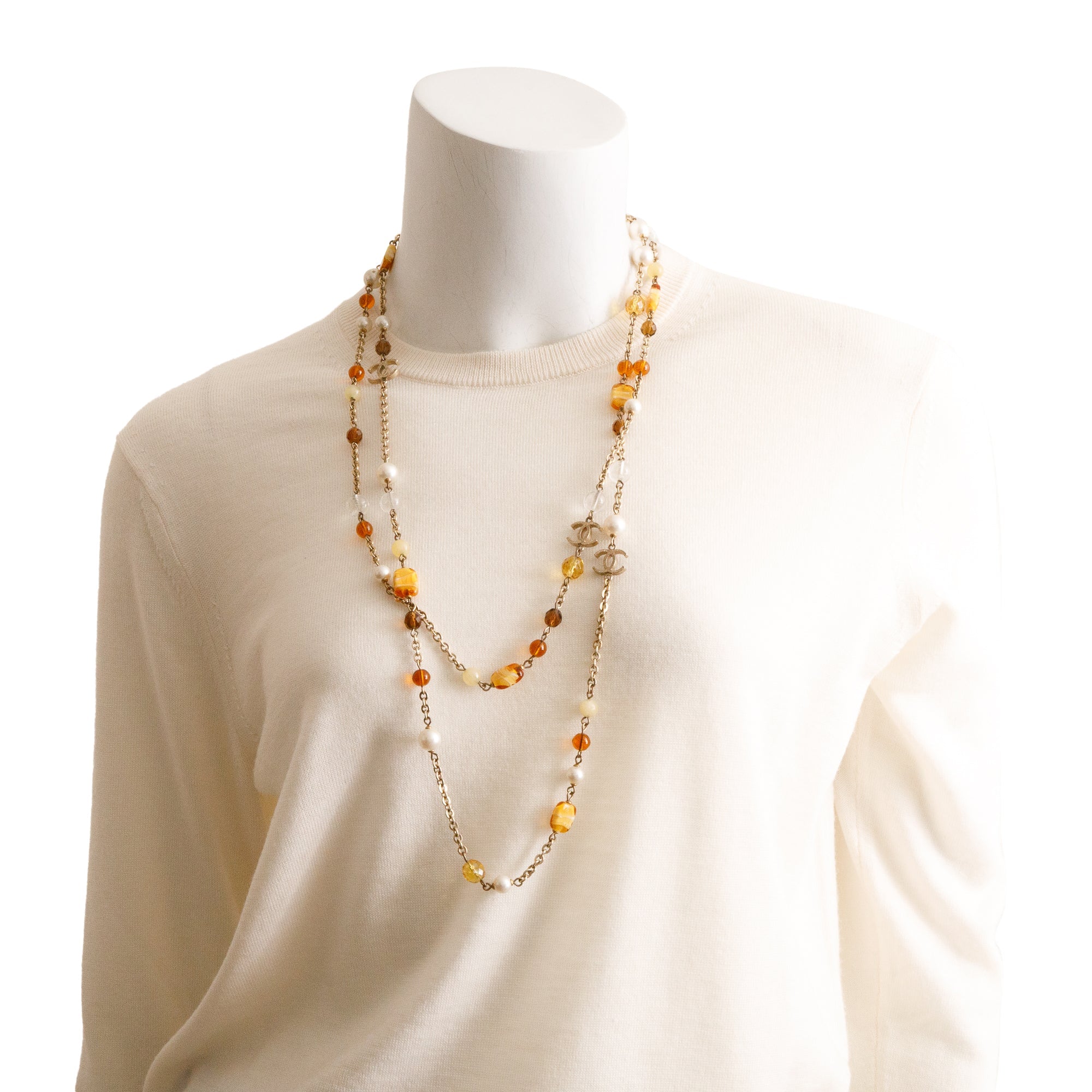 Chanel Gold Plated Faux Pearl & Amber Bead CC Long Necklace