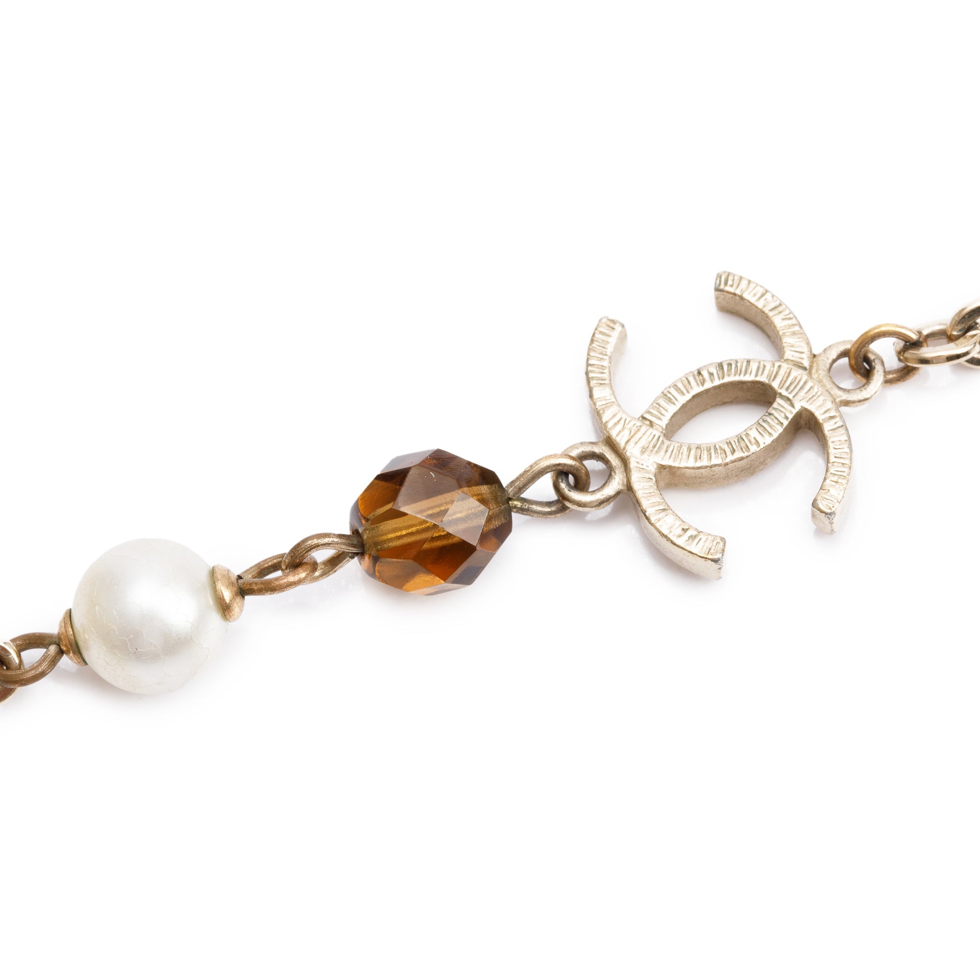 Chanel Gold Plated Faux Pearl & Amber Bead CC Long Necklace