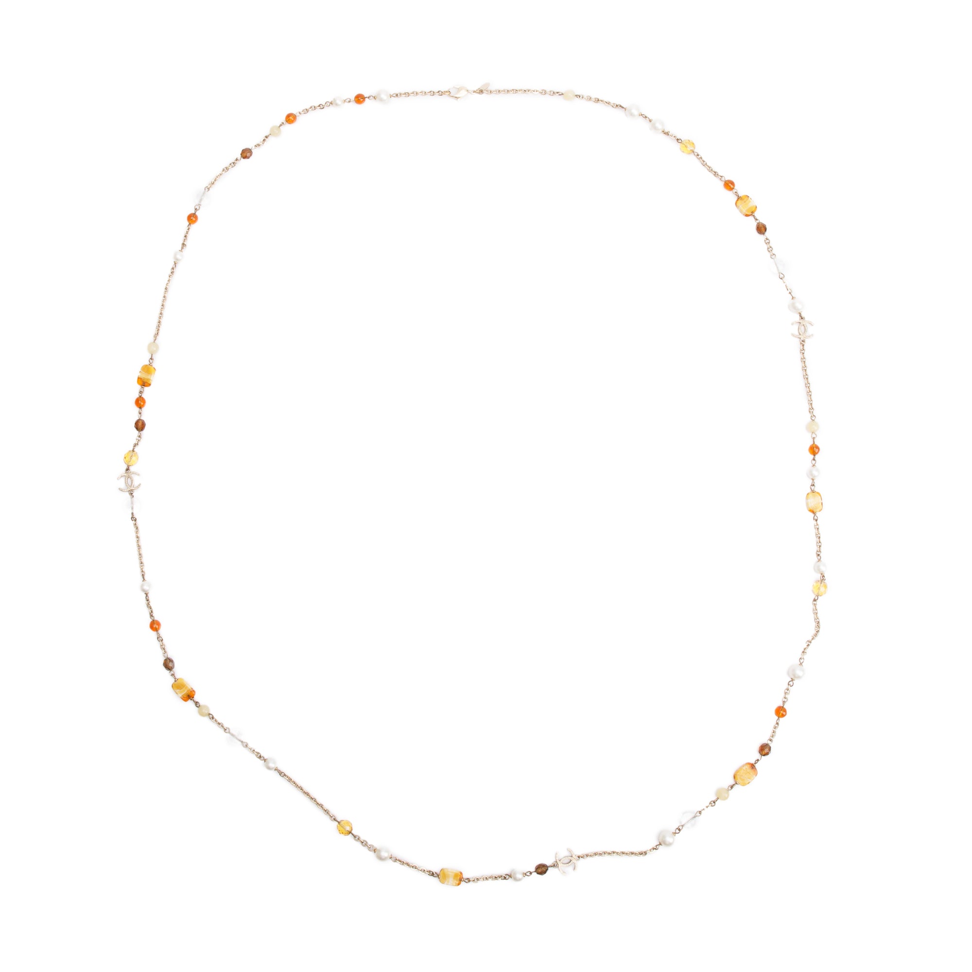 Chanel Gold Plated Faux Pearl & Amber Bead CC Long Necklace