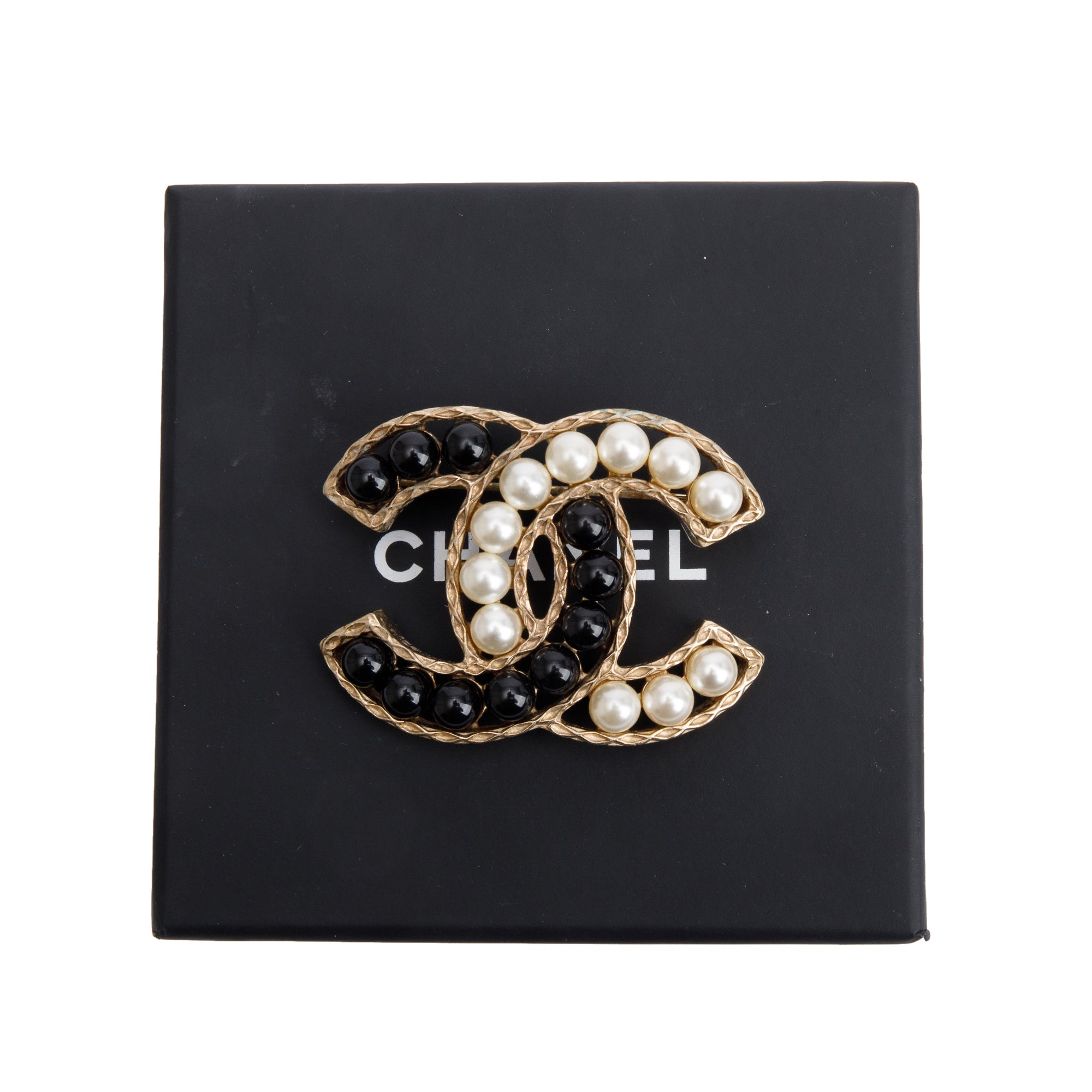 Chanel Gold Plated Faux Pearl & Black Bead CC Brooch w/ Box