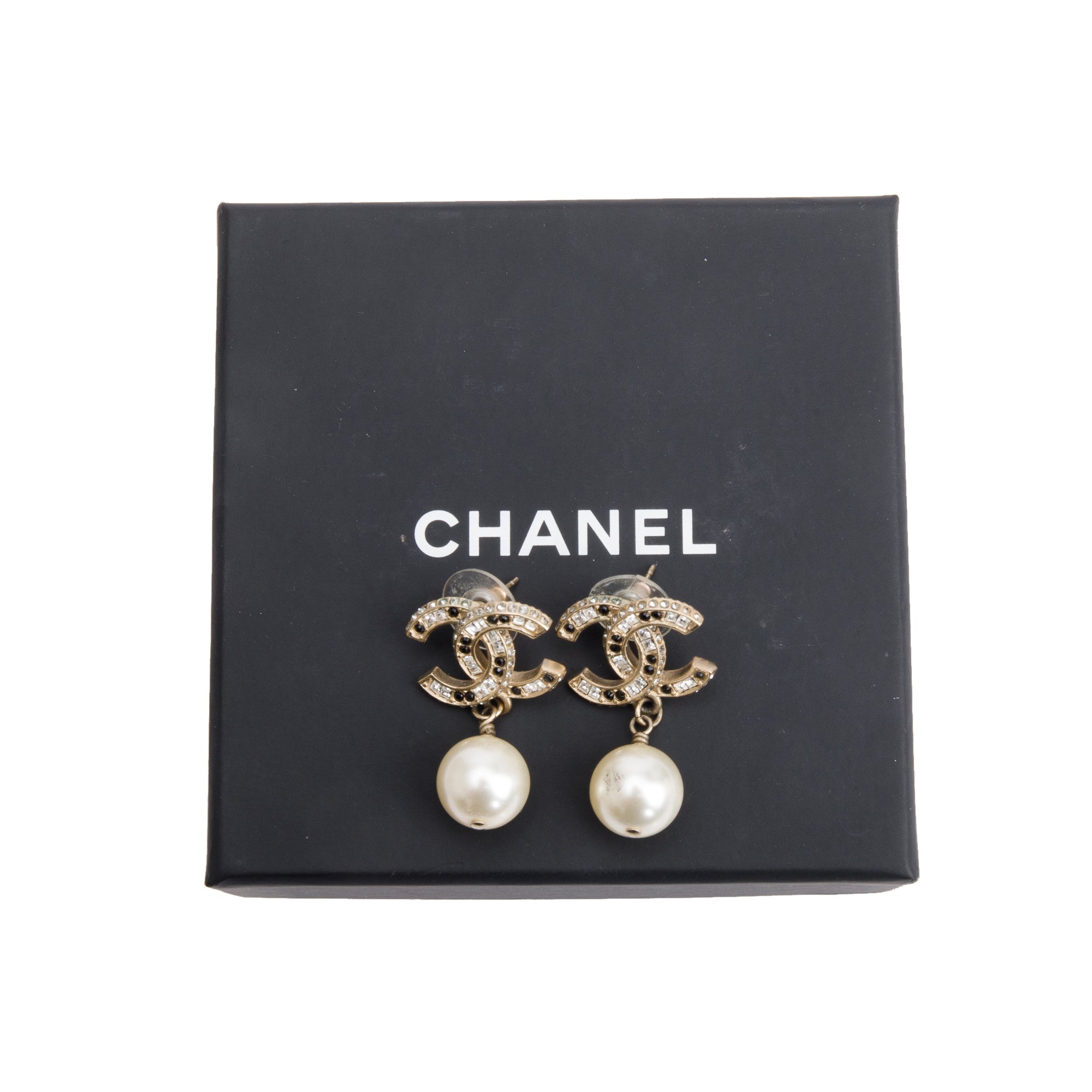 Chanel Gold Plated Faux Pearl Black & White Strass CC Drop Earrings w/ Box