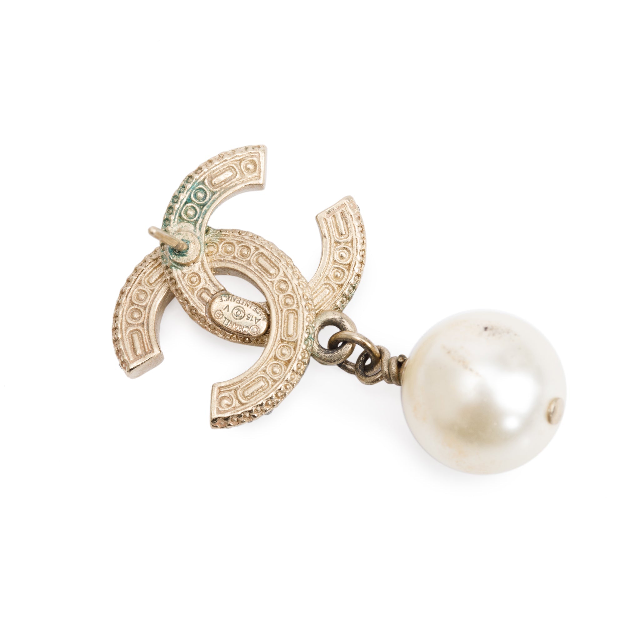 Chanel Gold Plated Faux Pearl Black & White Strass CC Drop Earrings w/ Box