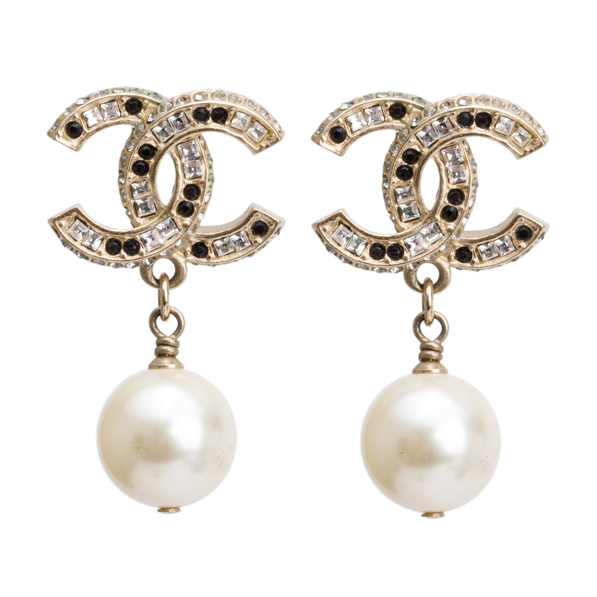 Chanel Gold Plated Faux Pearl Black & White Strass CC Drop Earrings w/ Box