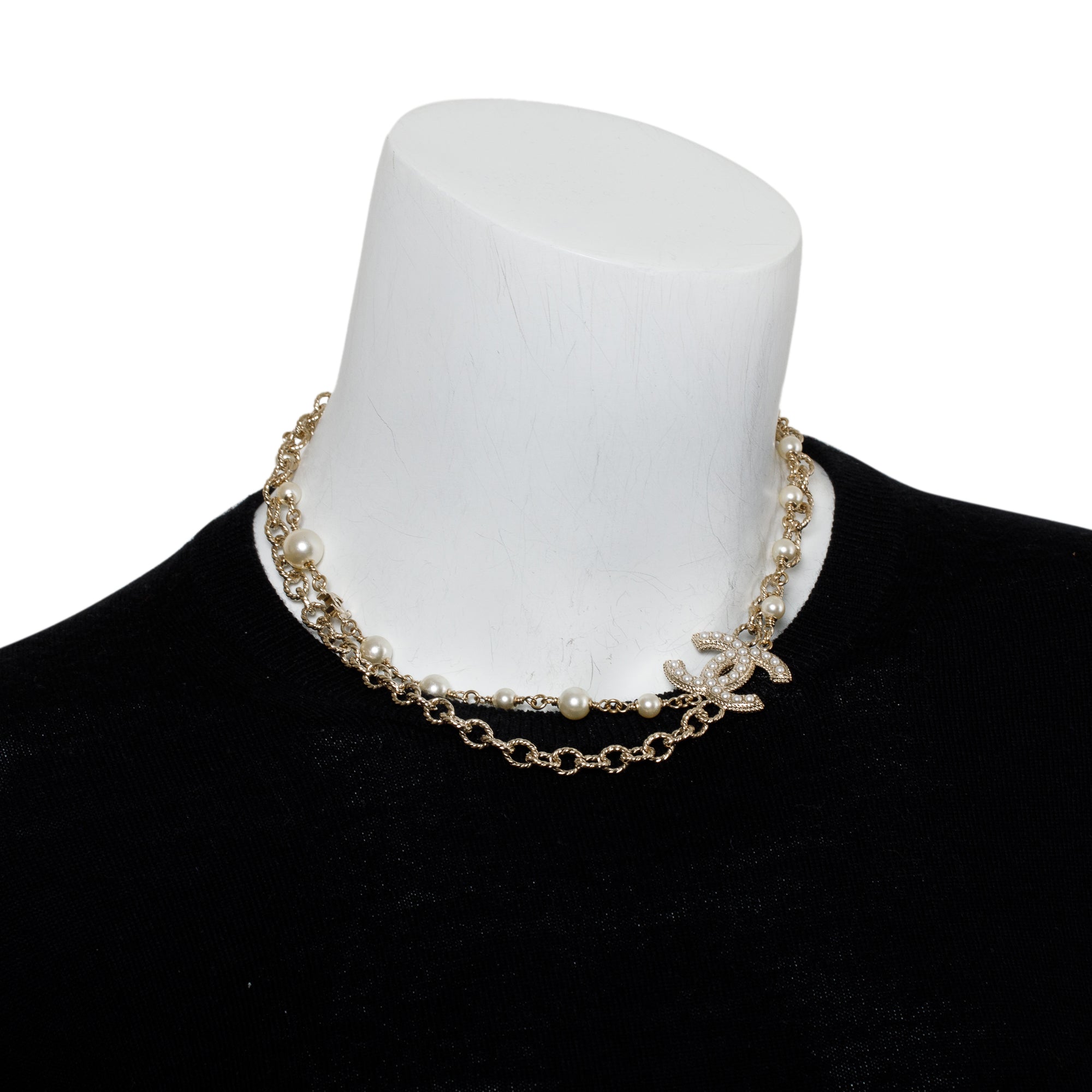 Chanel Gold Plated Faux Pearl CC Double Strand Necklace