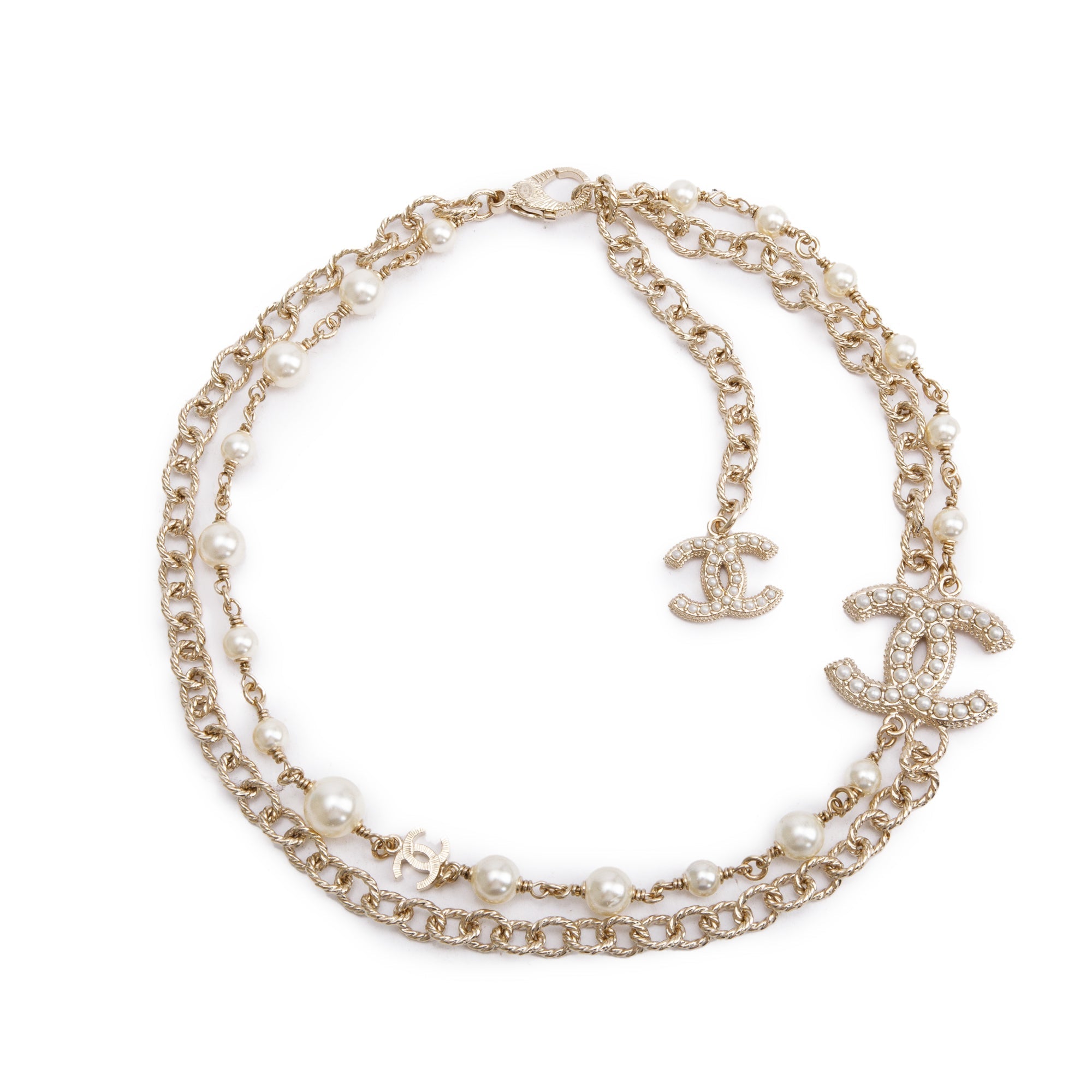 Chanel Gold Plated Faux Pearl CC Double Strand Necklace