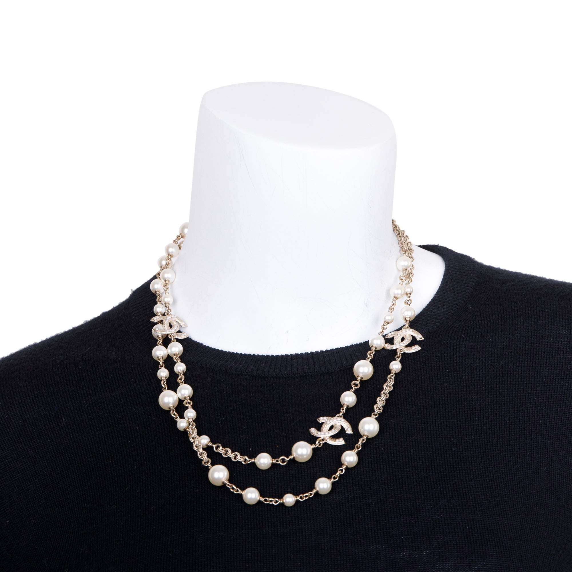 Chanel Gold Plated Faux Pearl CC Long Necklace w/ Box Oliver Jewellery