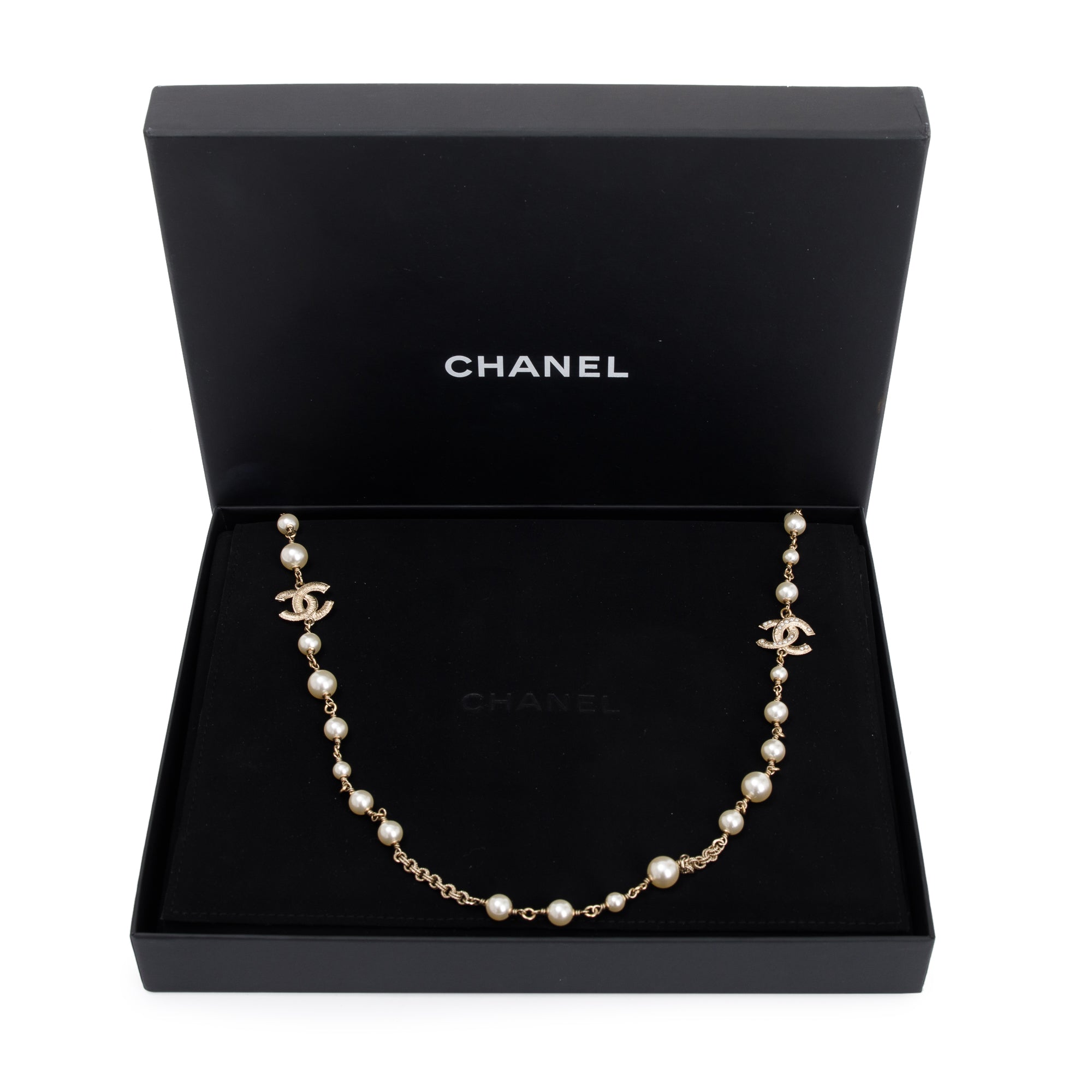 Chanel Gold Plated Faux Pearl CC Long Necklace w/ Box