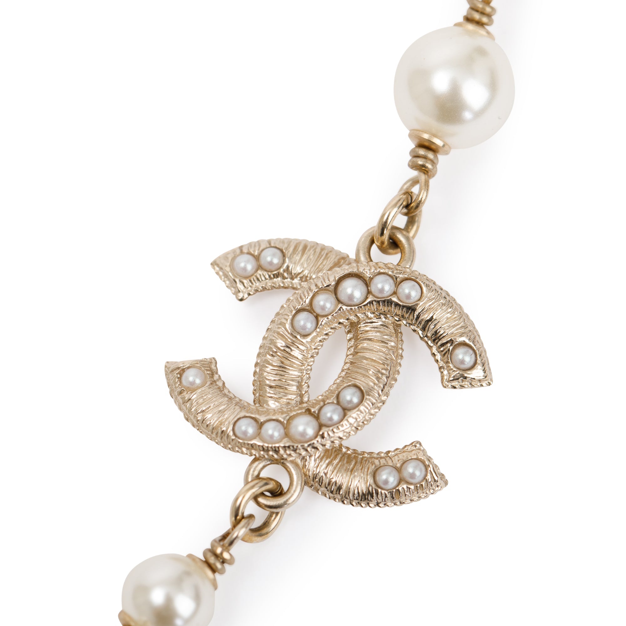 Chanel Gold Plated Faux Pearl CC Long Necklace w/ Box