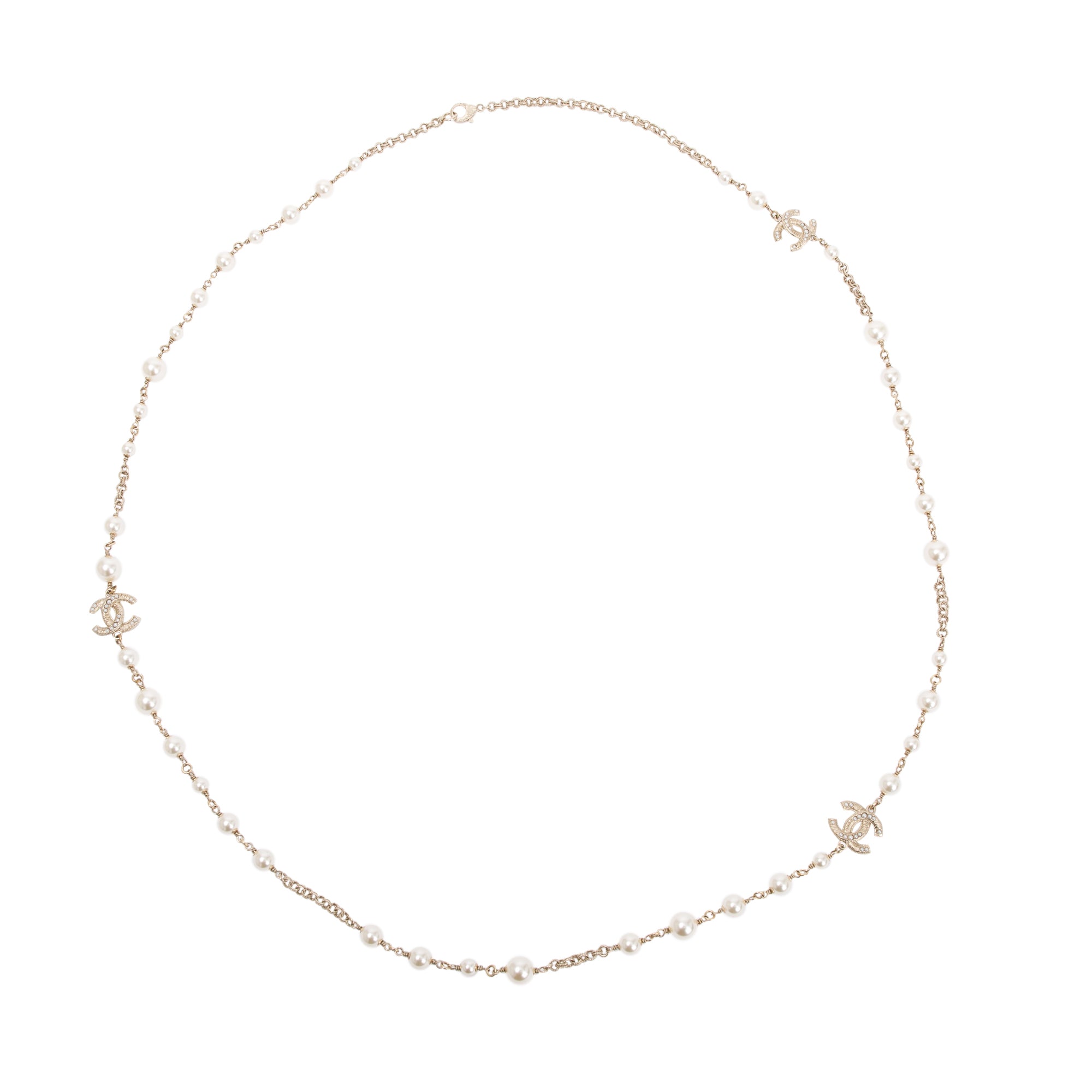 Chanel Gold Plated Faux Pearl CC Long Necklace w/ Box