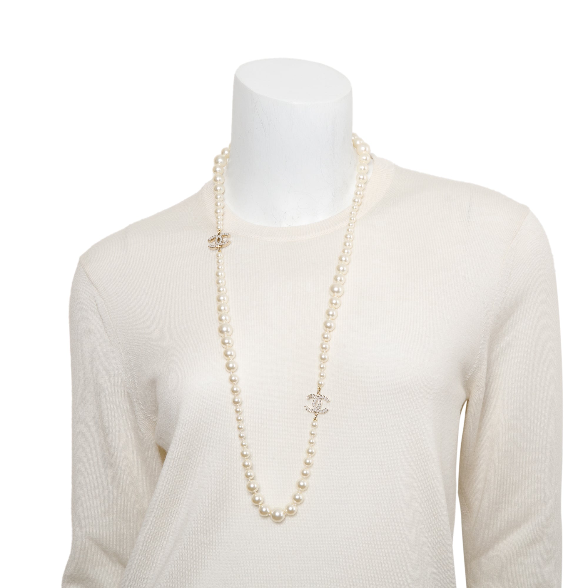 Chanel Gold-Plated Faux Pearl CC Long Strand Necklace w/ Box