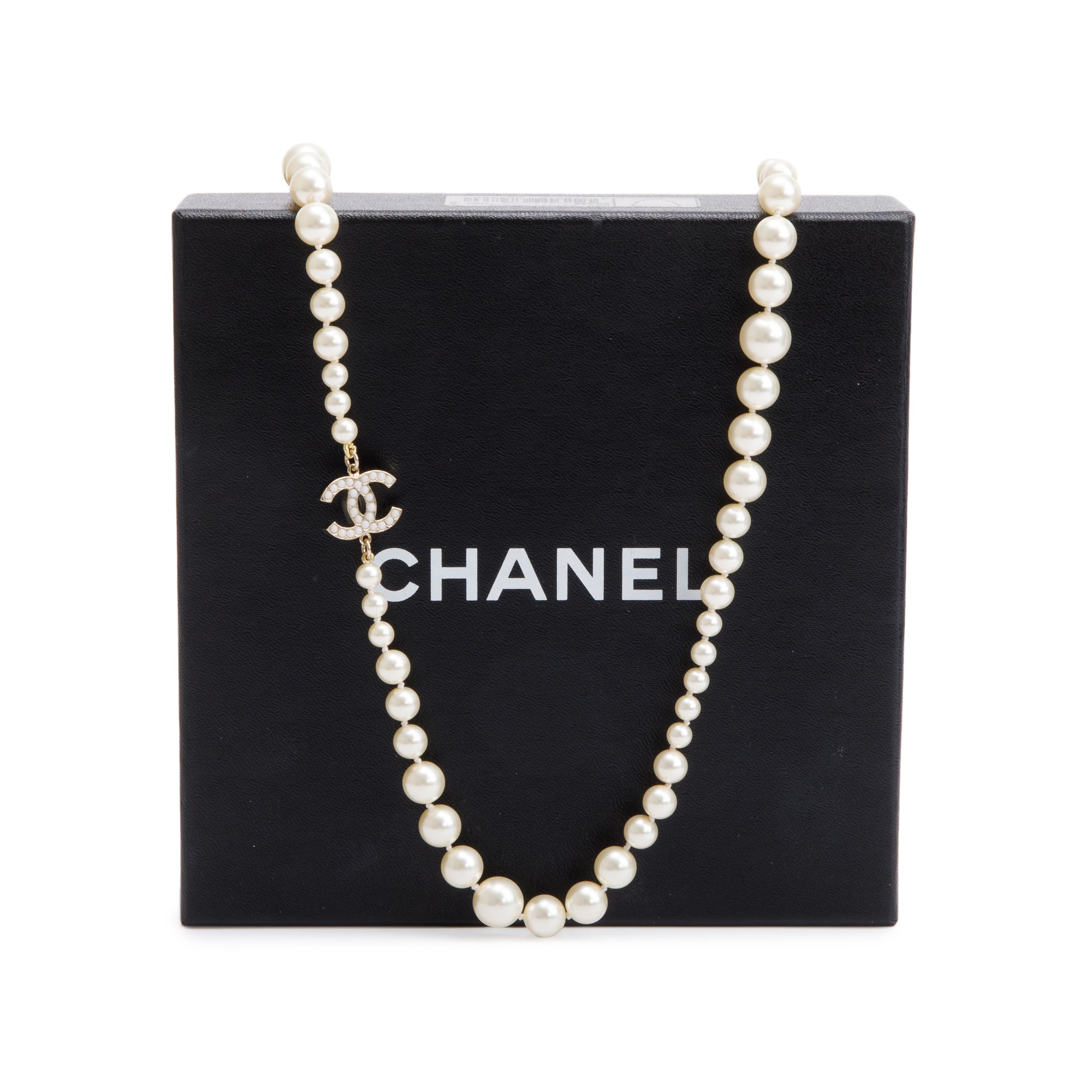 Chanel Gold-Plated Faux Pearl CC Long Strand Necklace w/ Box