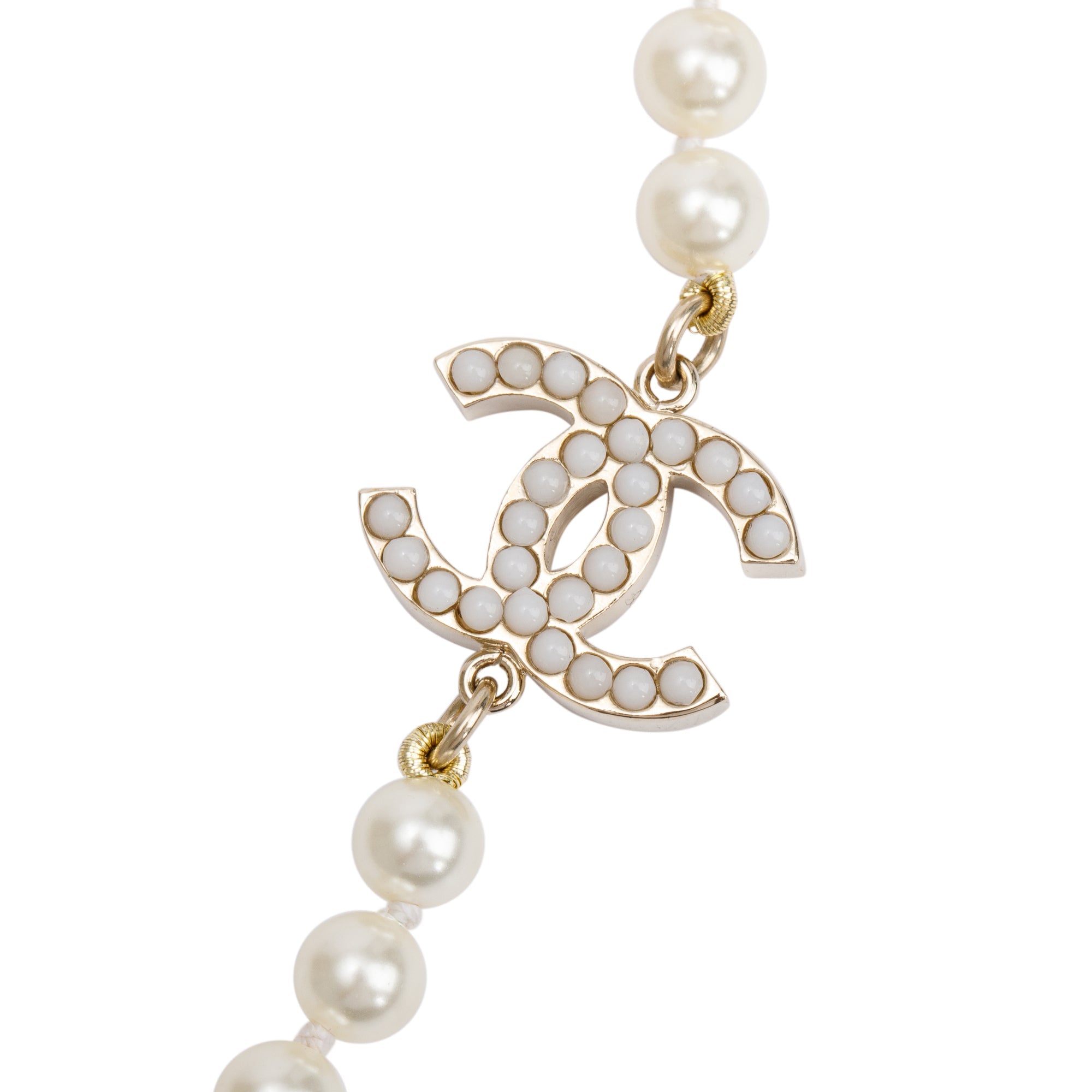 Chanel Gold-Plated Faux Pearl CC Long Strand Necklace w/ Box