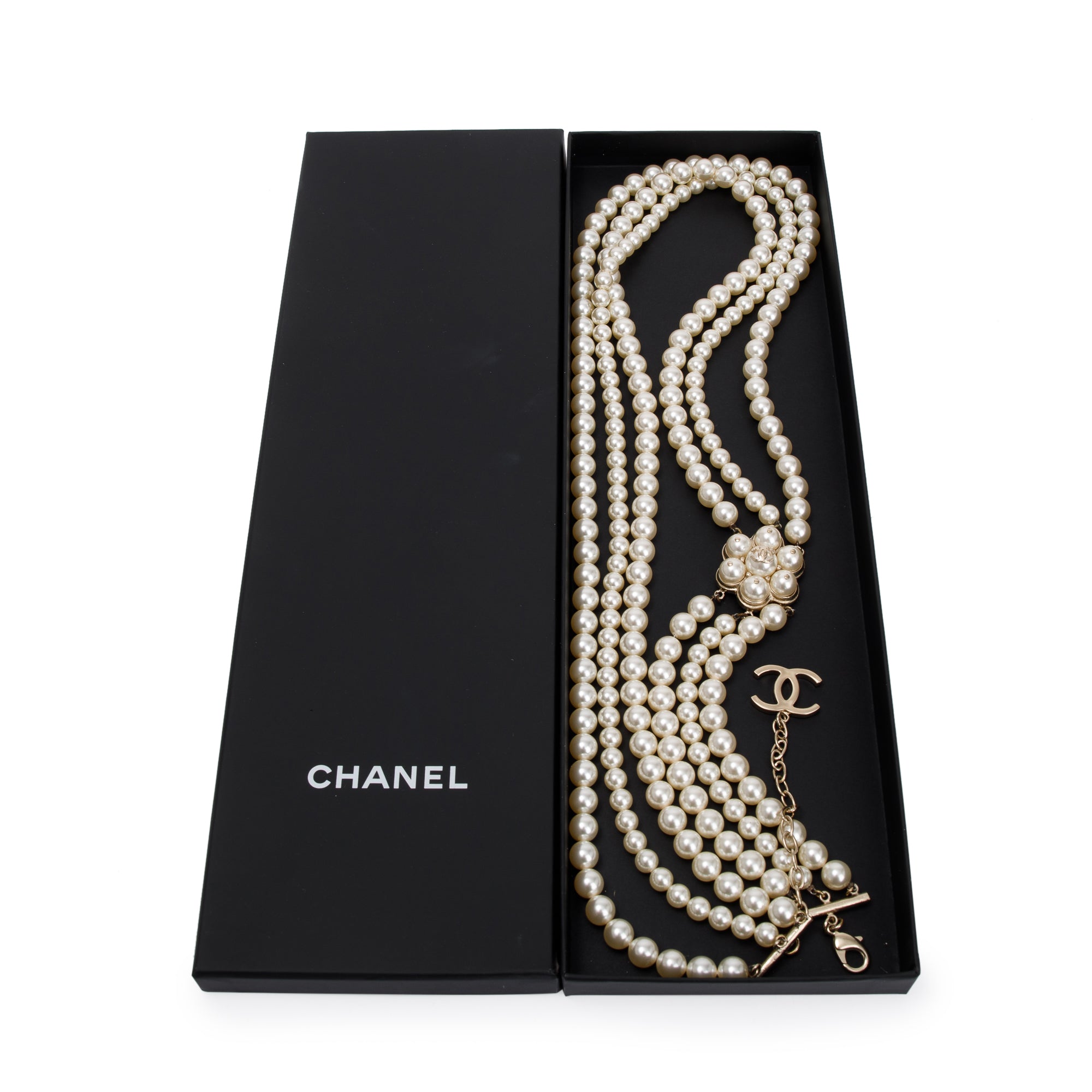 Chanel Gold Plated Faux Pearl CC Station Multi-Strand Necklace w/ Box