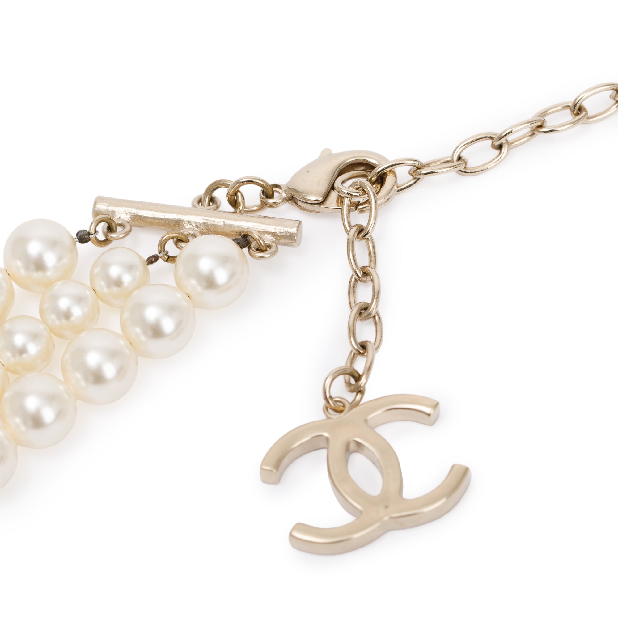 Chanel Gold Plated Faux Pearl CC Station Multi-Strand Necklace w/ Box