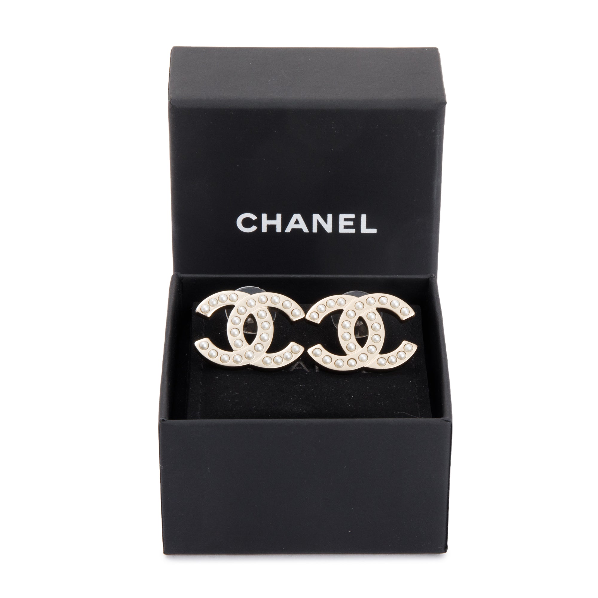 Chanel Gold Plated Faux Pearl CC Stud Earrings w/ Box