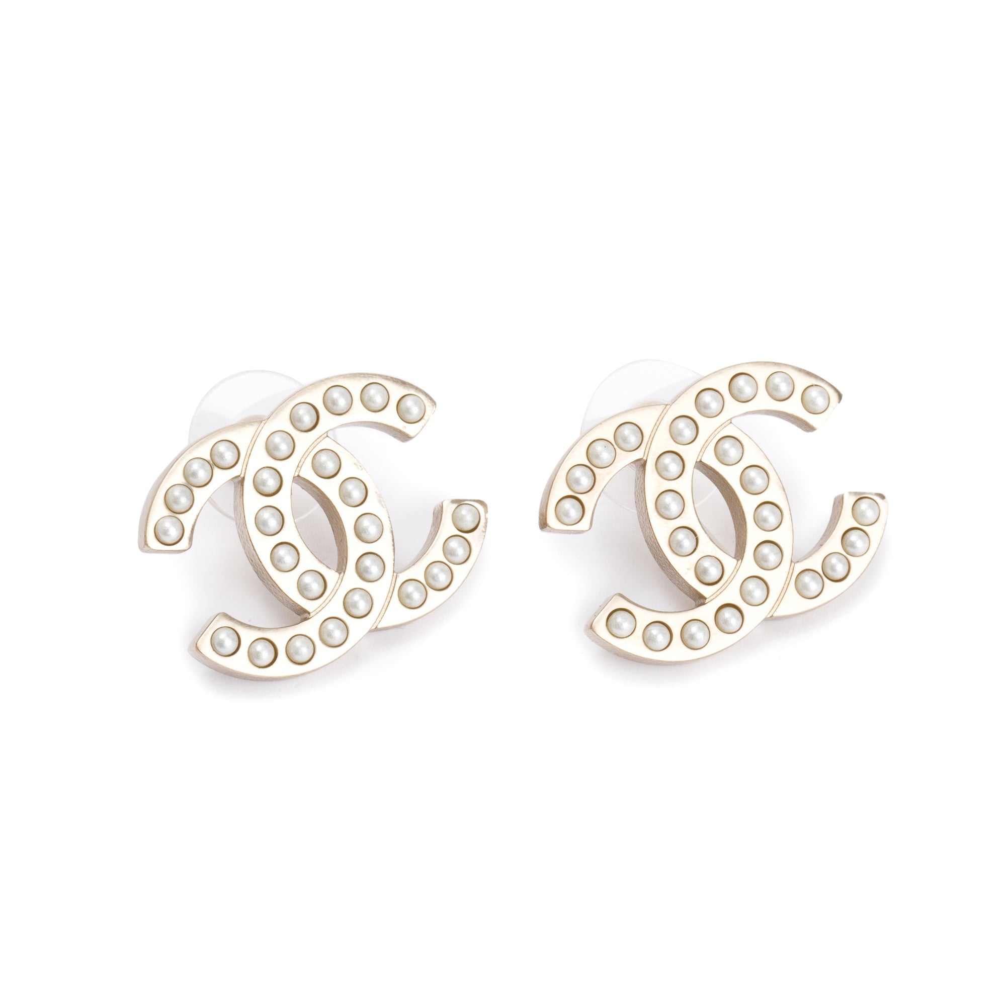 Chanel Gold Plated Faux Pearl CC Stud Earrings w/ Box
