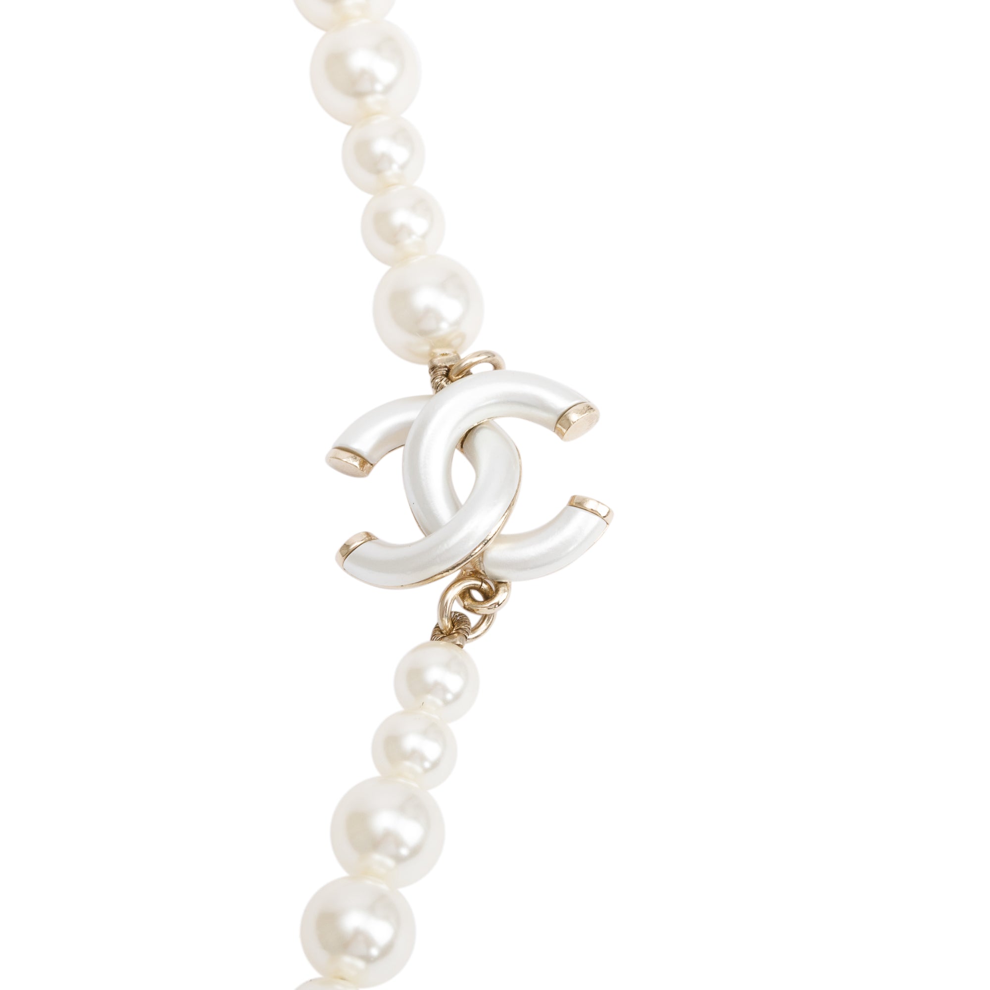 Chanel Gold Plated Faux Pearl & Enamel CC Long Necklace w/ Box