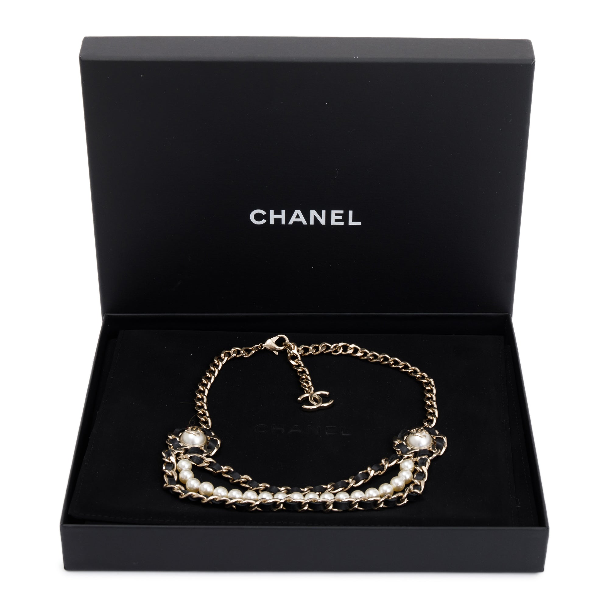 Chanel Gold Plated Faux Pearl & Leather CC Multi-Strand Necklace w/ Box