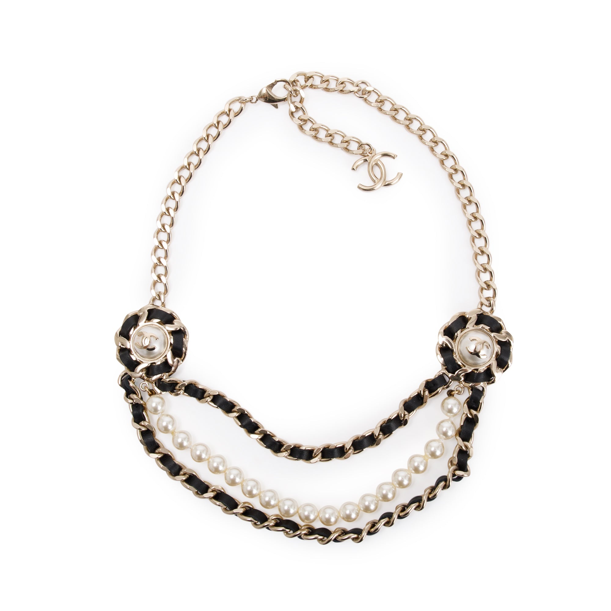 Chanel Gold Plated Faux Pearl & Leather CC Multi-Strand Necklace w/ Box