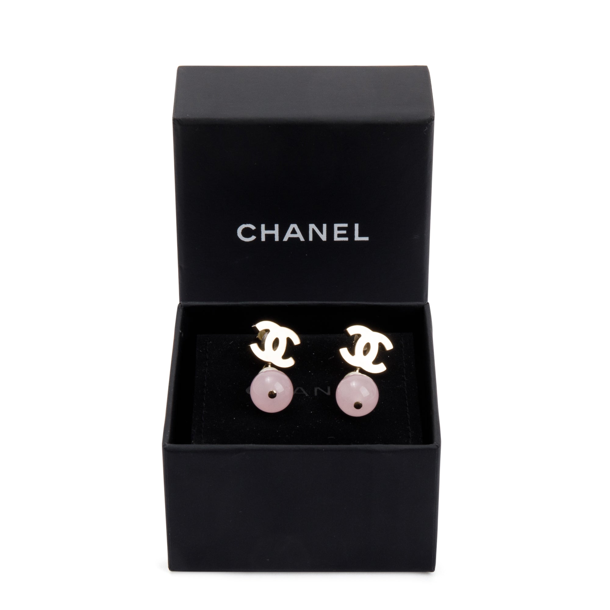 Chanel Gold Plated Faux Pearl & Pink Bead CC Drop Earrings w/ Box