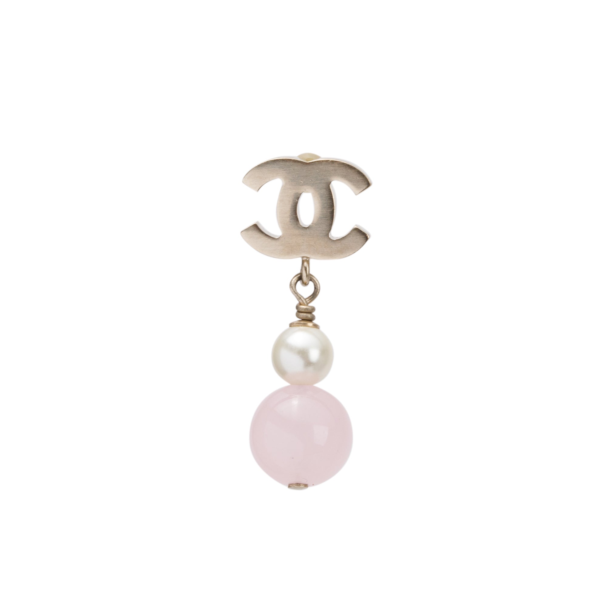Chanel Gold Plated Faux Pearl & Pink Bead CC Drop Earrings w/ Box