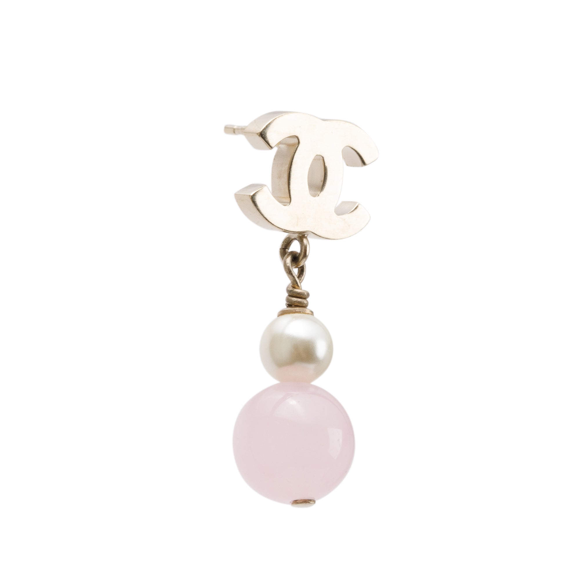 Chanel Gold Plated Faux Pearl & Pink Bead CC Drop Earrings w/ Box