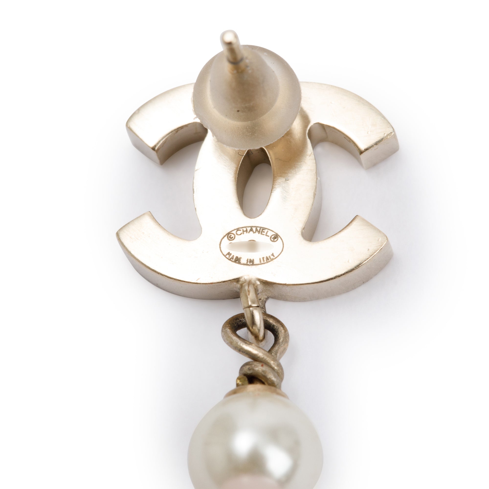 Chanel Gold Plated Faux Pearl & Pink Bead CC Drop Earrings w/ Box