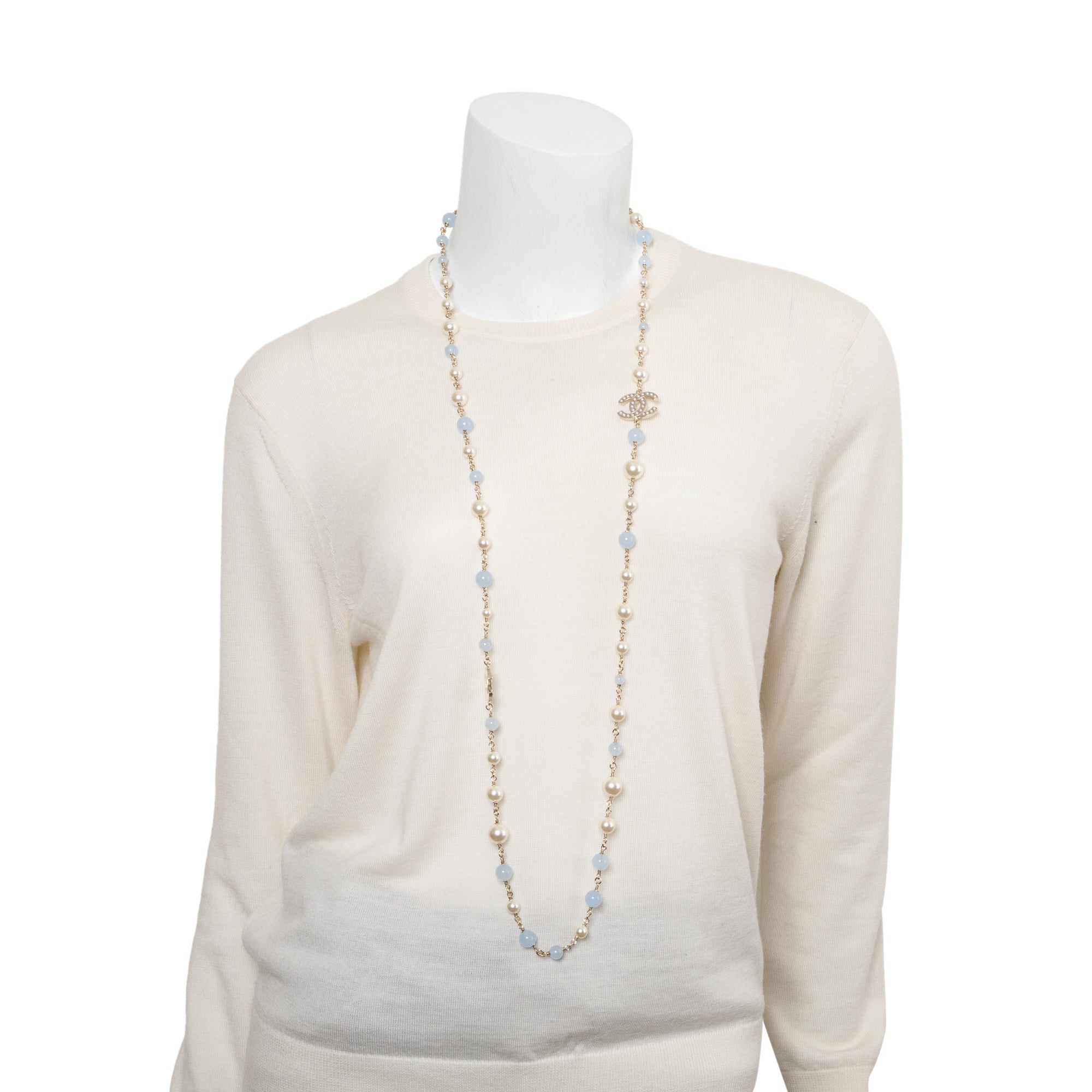 Chanel Gold-Plated Faux Pearl & Resin Bead CC Long Station Necklace