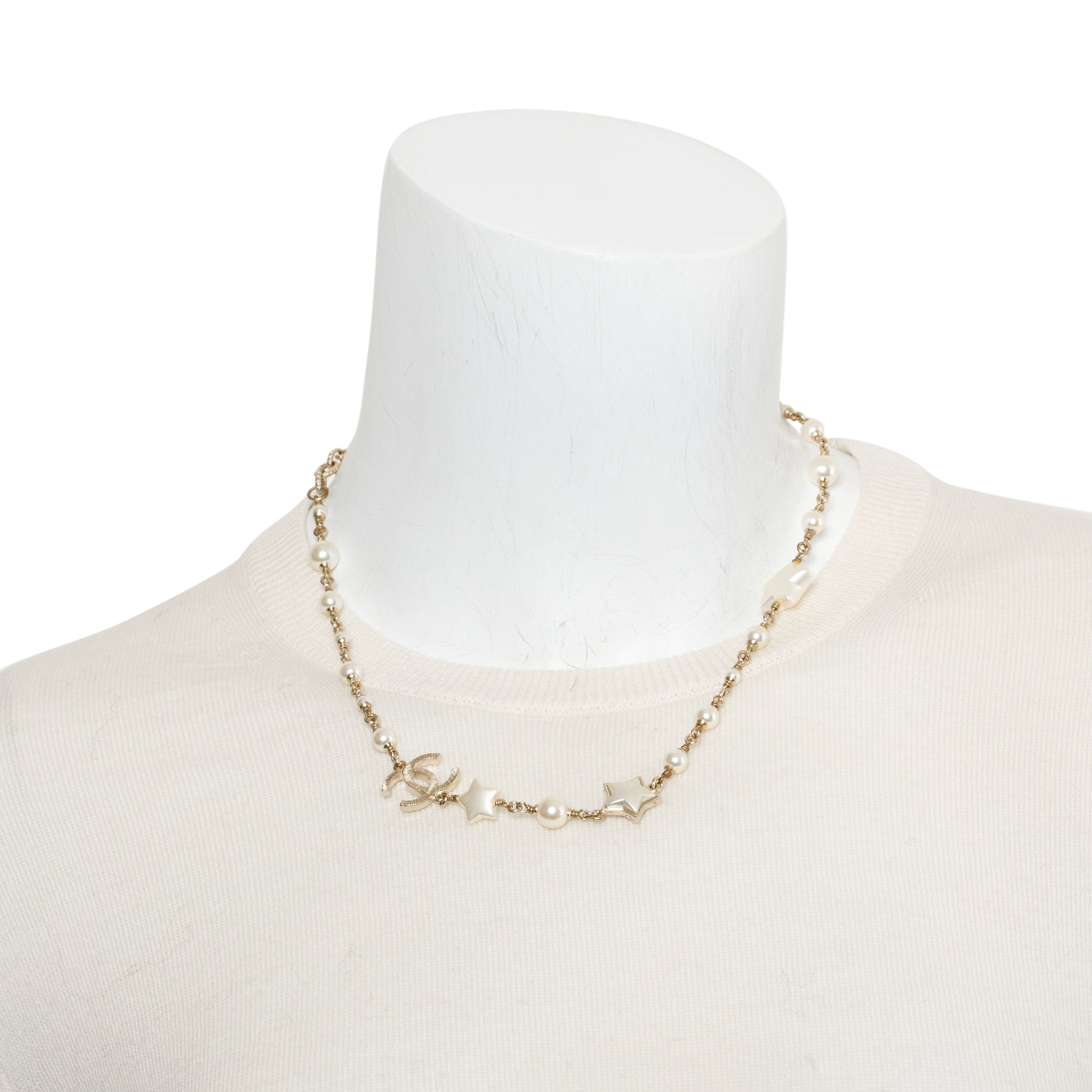 Chanel Gold Plated Faux Pearl Star CC Necklace
