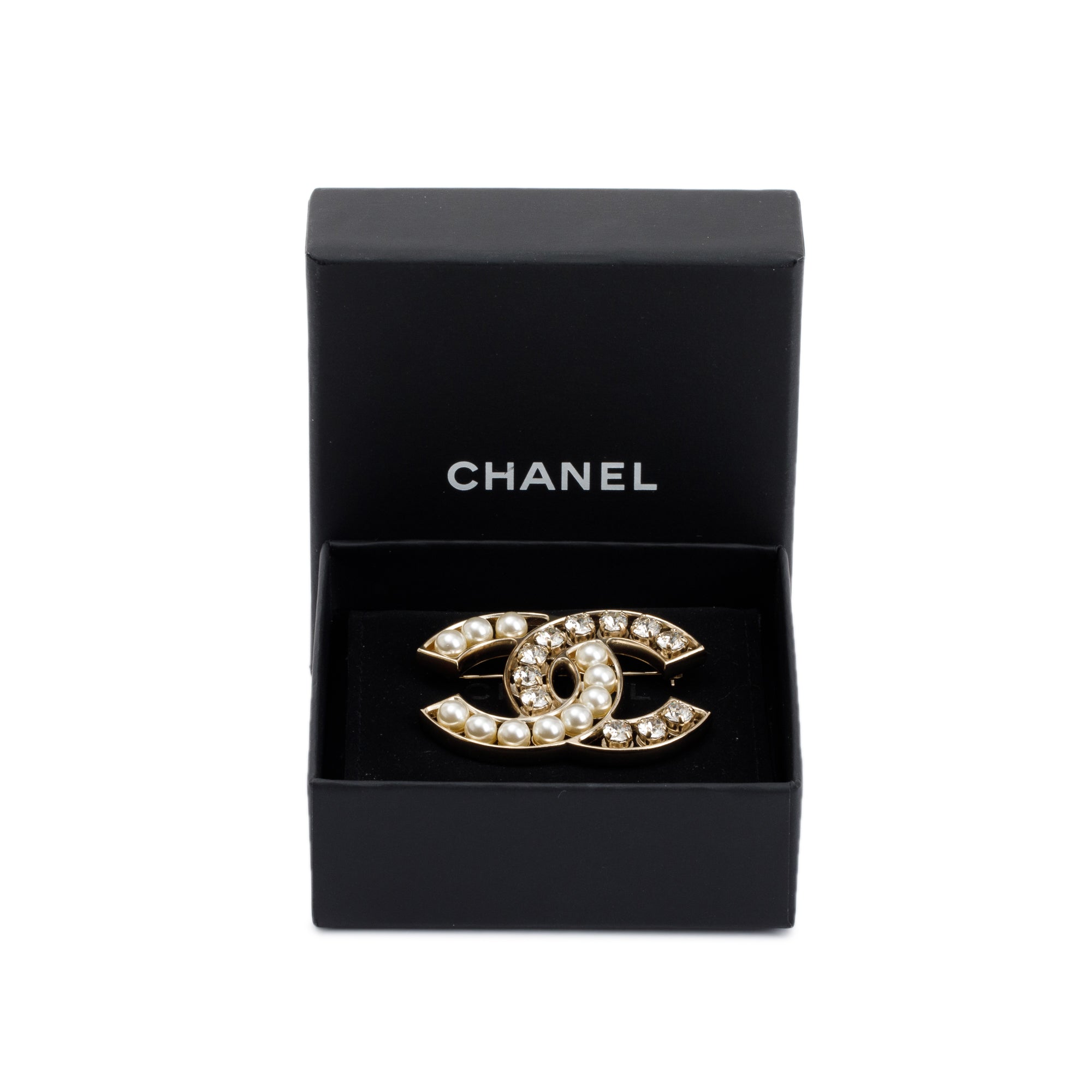 Chanel Gold Plated Faux Pearl & Strass CC Brooch w/ Box