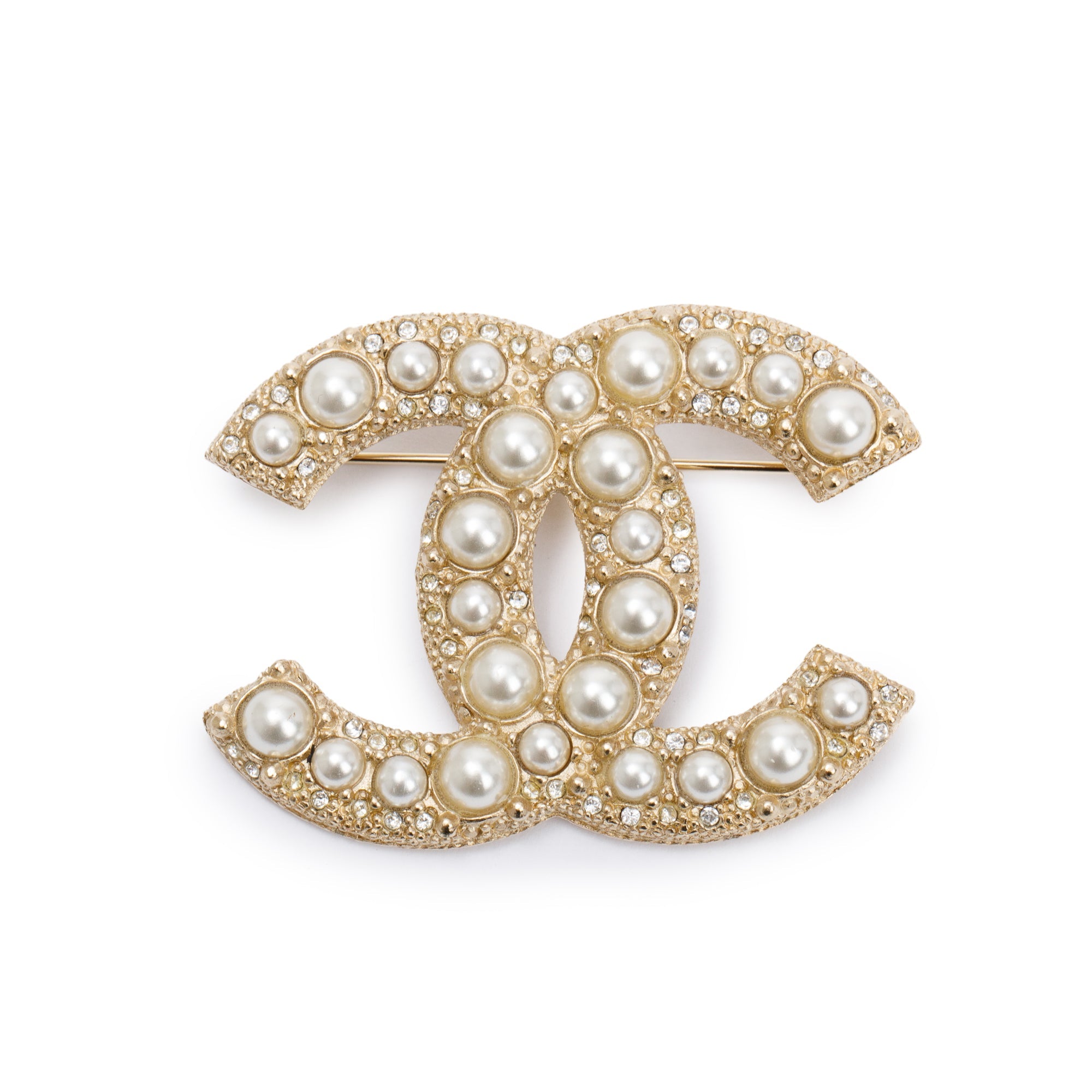 Chanel Gold Plated Faux Pearl & Strass CC Brooch