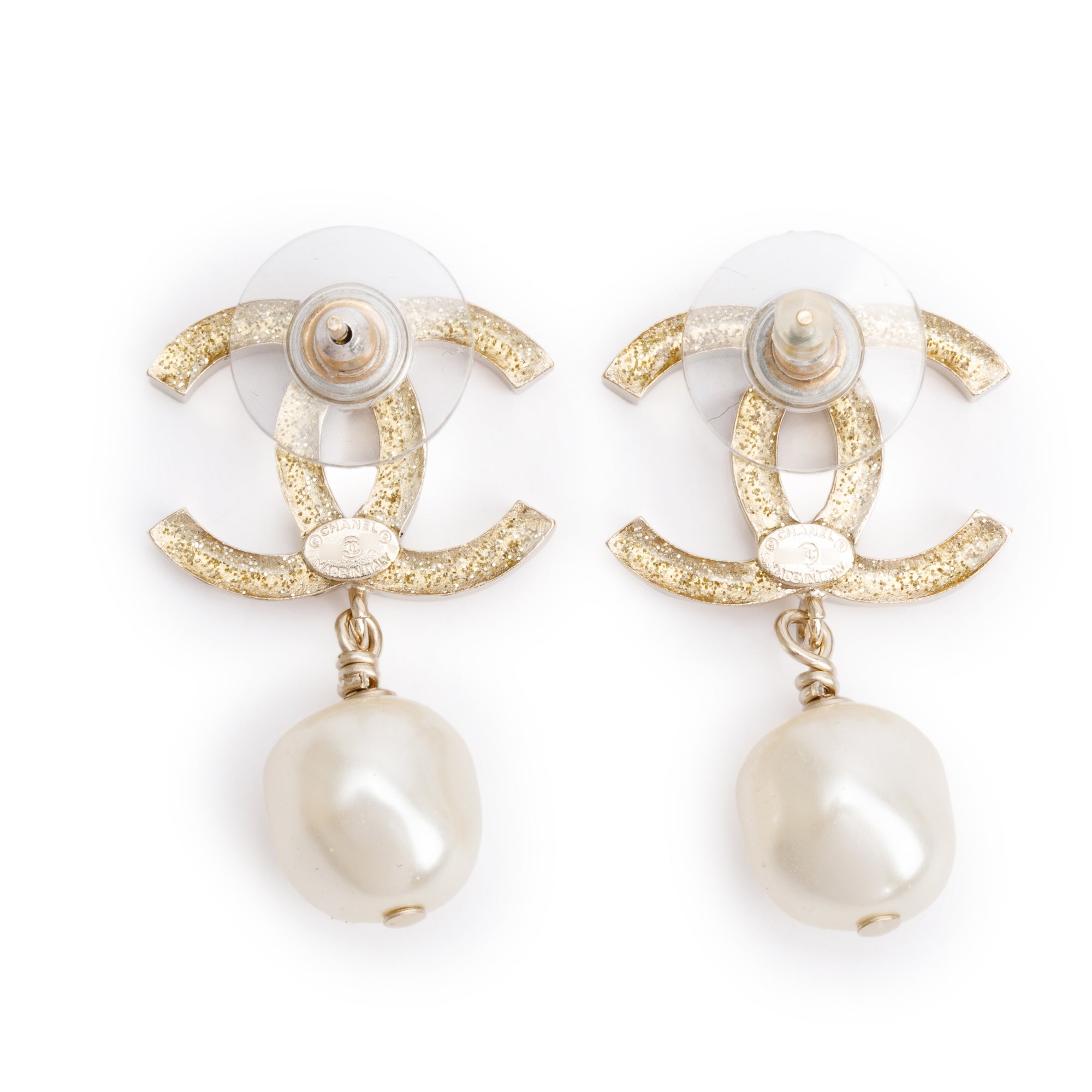 Chanel Gold Plated Faux Pearl & Strass CC Drop Earrings