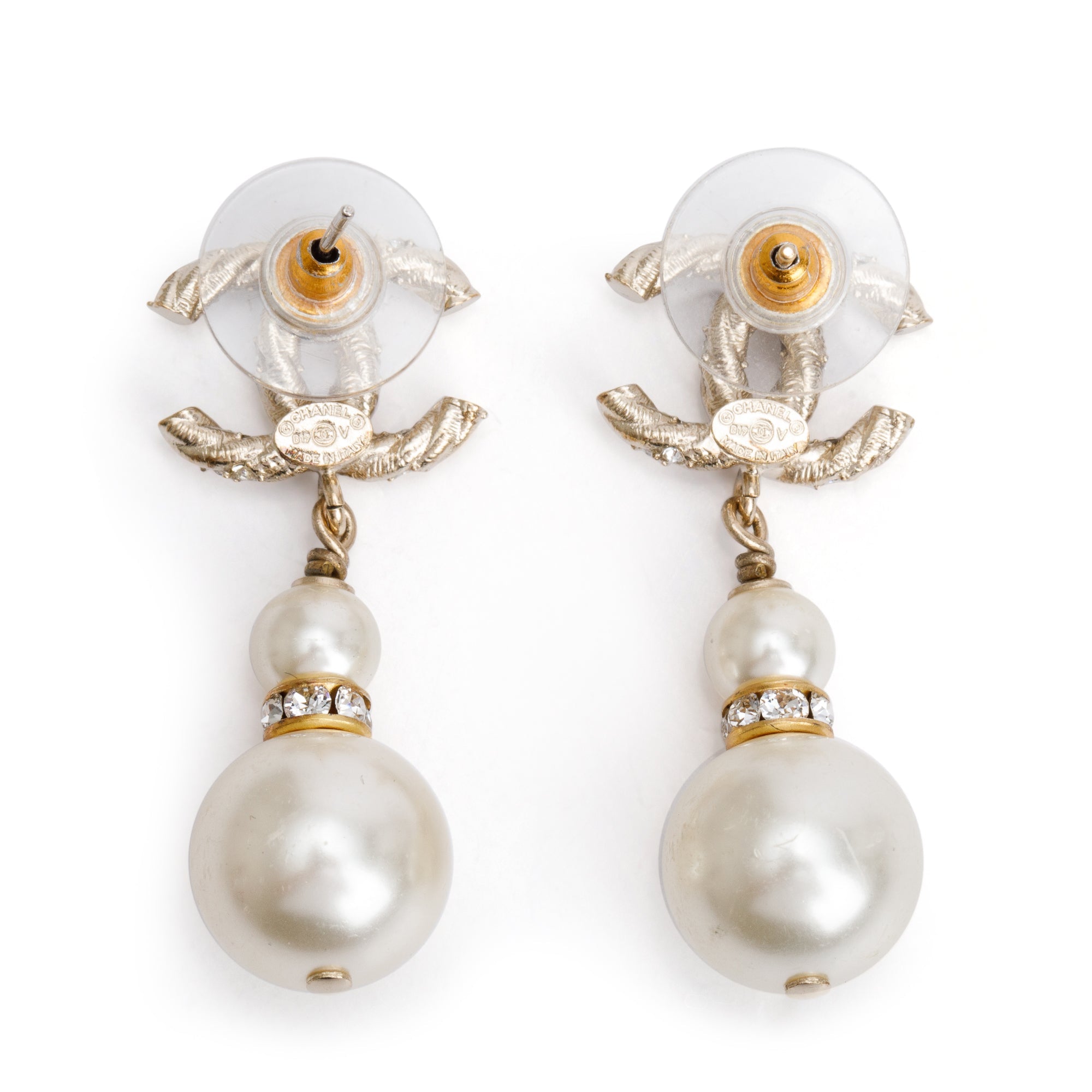 Chanel Gold Plated Faux Pearl & Strass CC Drop Earrings