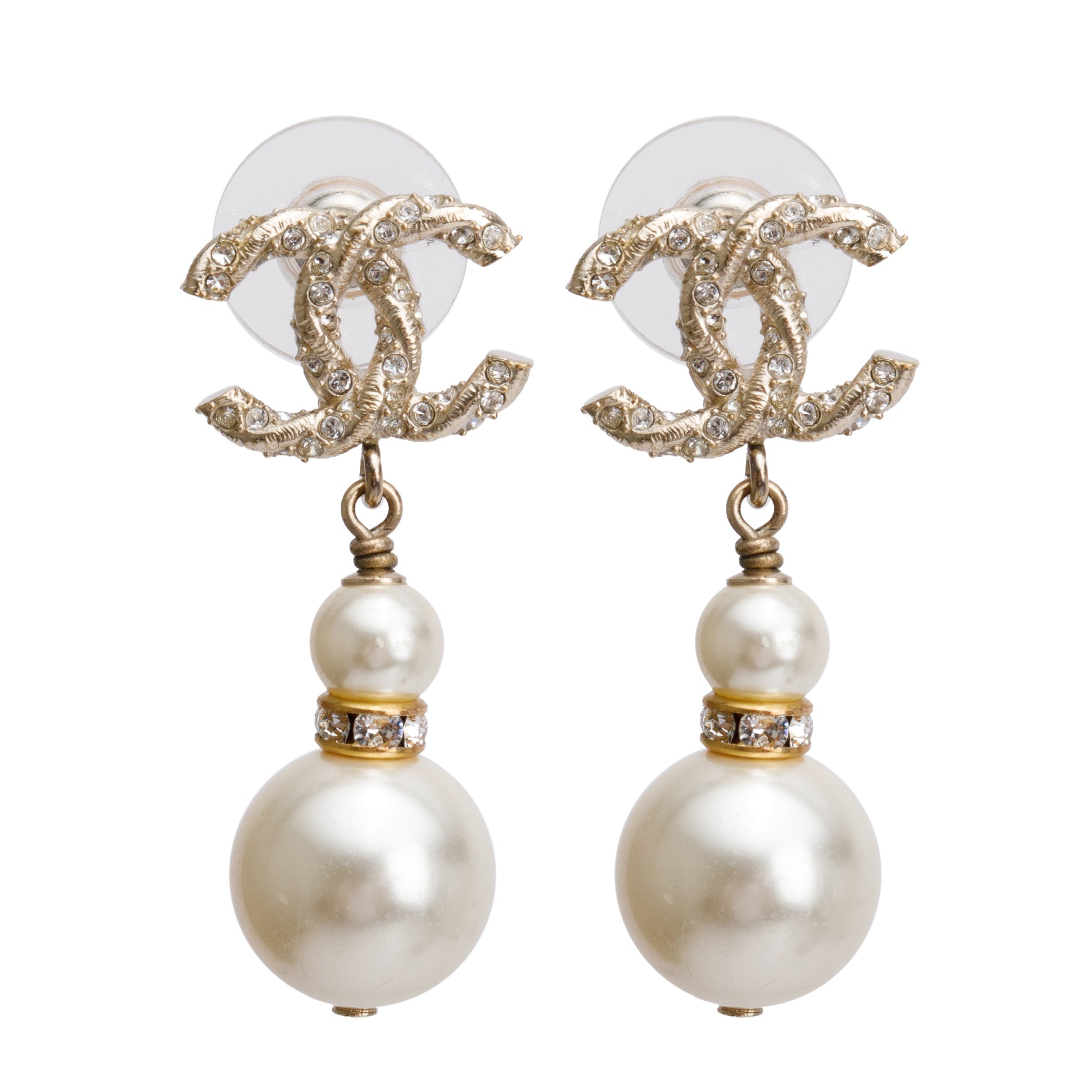 Chanel Gold Plated Faux Pearl & Strass CC Drop Earrings