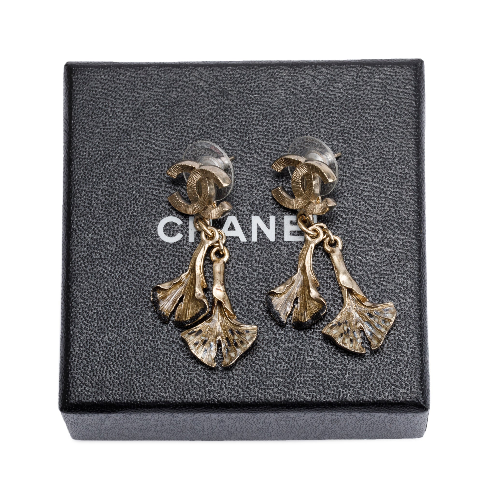 Chanel Gold Plated Leaf CC Drop Earrings w/ Box