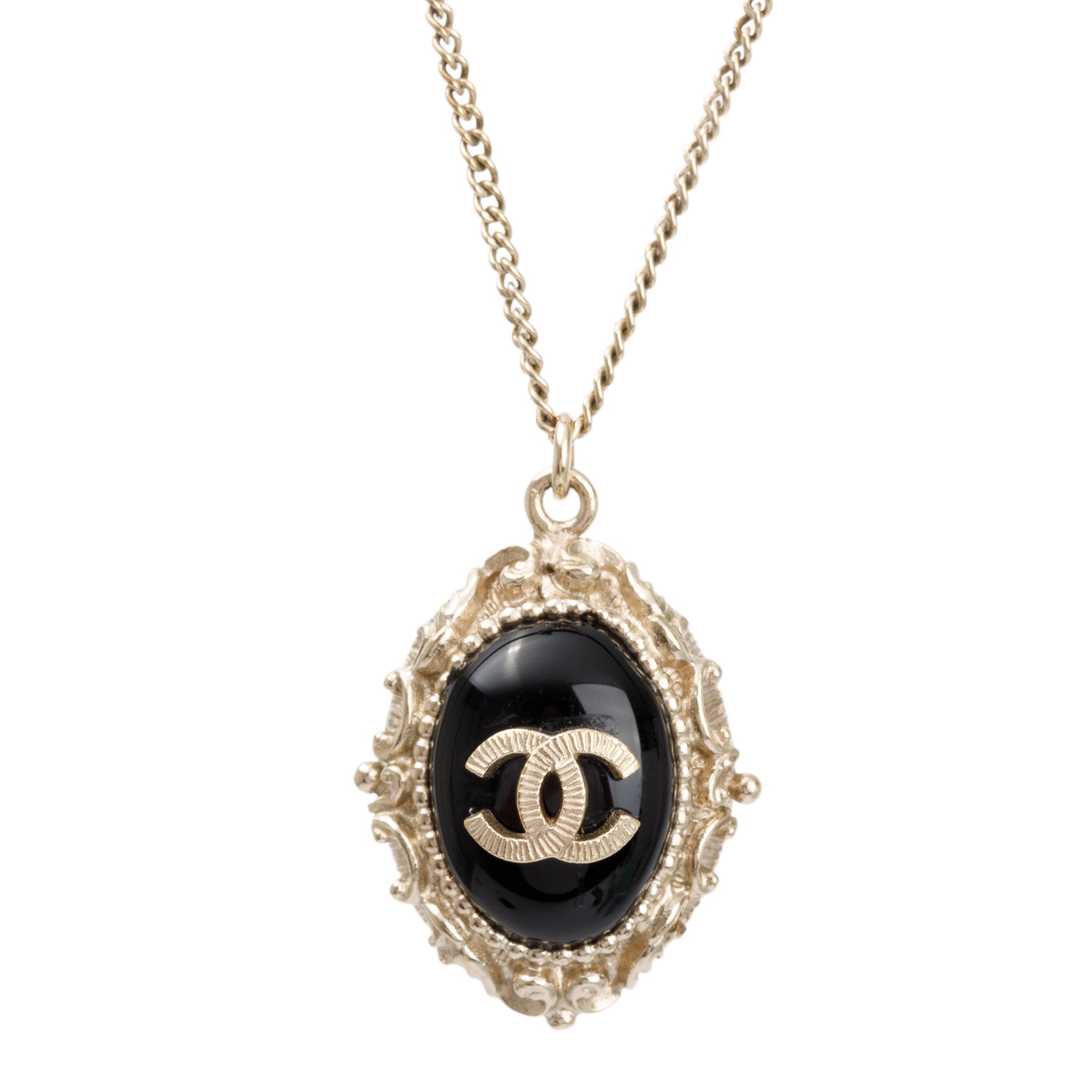 Chanel Gold-Plated Metal Black Resin CC Pendant Necklace w/ Box