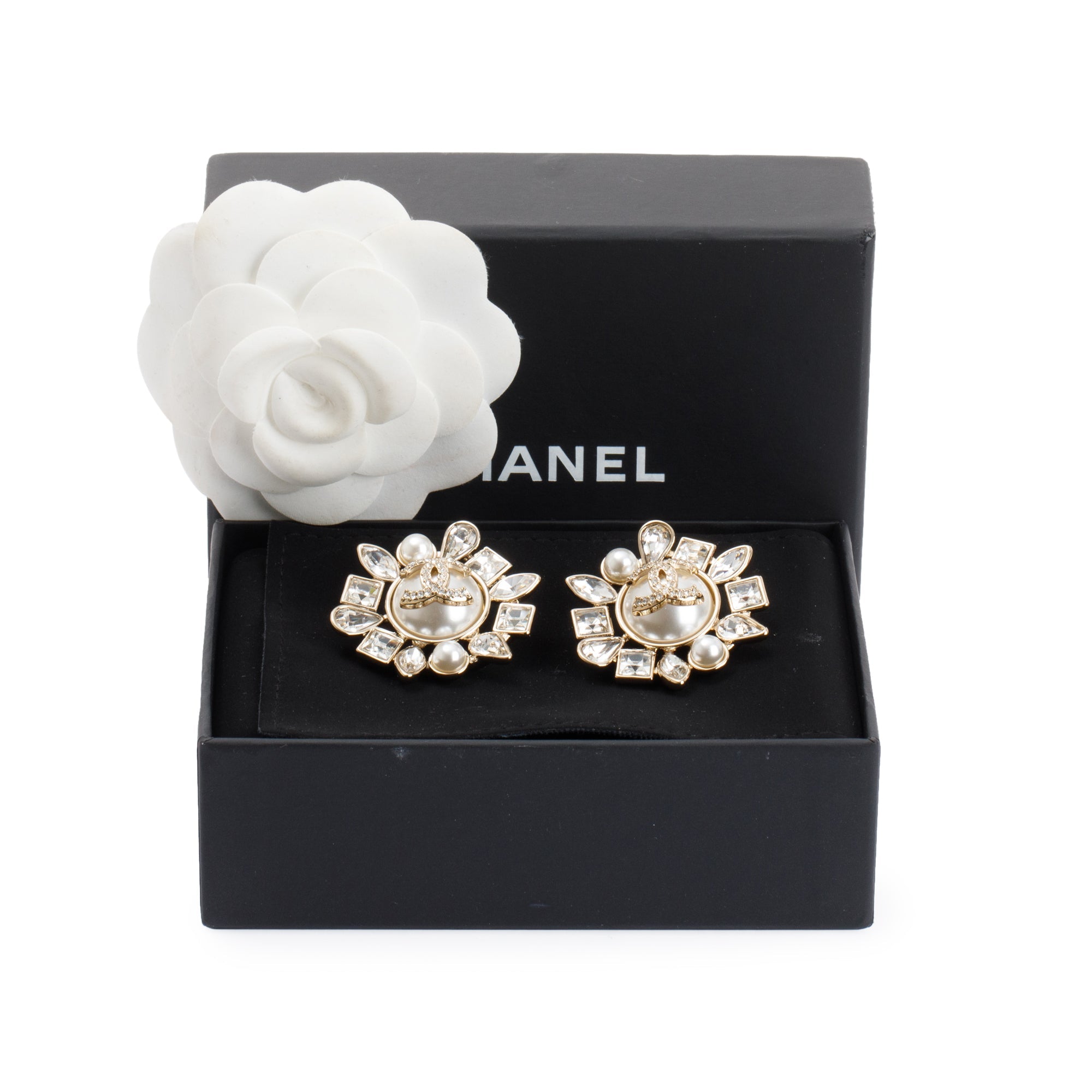Chanel Gold-Plated Metal Flower Mixed Crystal CC & Faux Pearl Earrings w/ Box