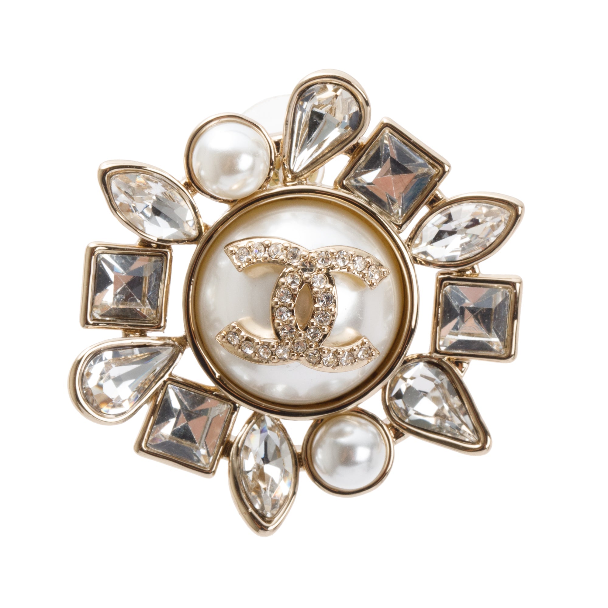 Chanel Gold-Plated Metal Flower Mixed Crystal CC & Faux Pearl Earrings w/ Box