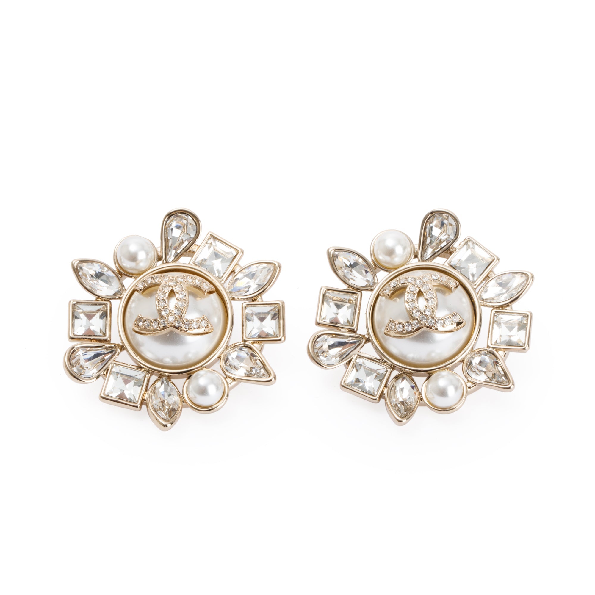 Chanel Gold-Plated Metal Flower Mixed Crystal CC & Faux Pearl Earrings w/ Box