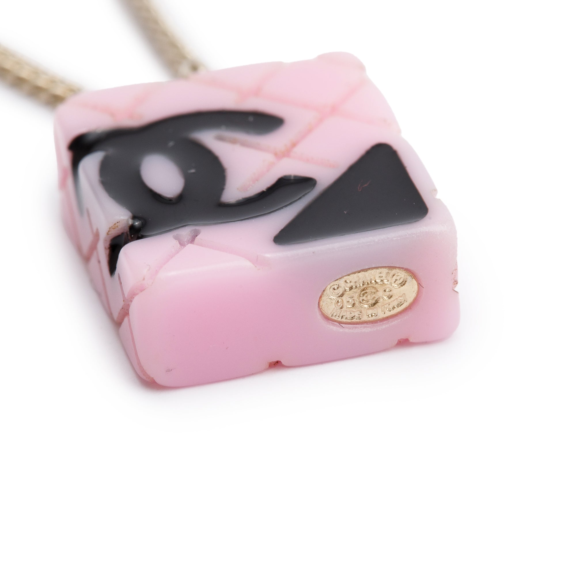 Chanel Gold-Plated Metal Pink & Black Resin CC Cambon Bag Pendant Necklace