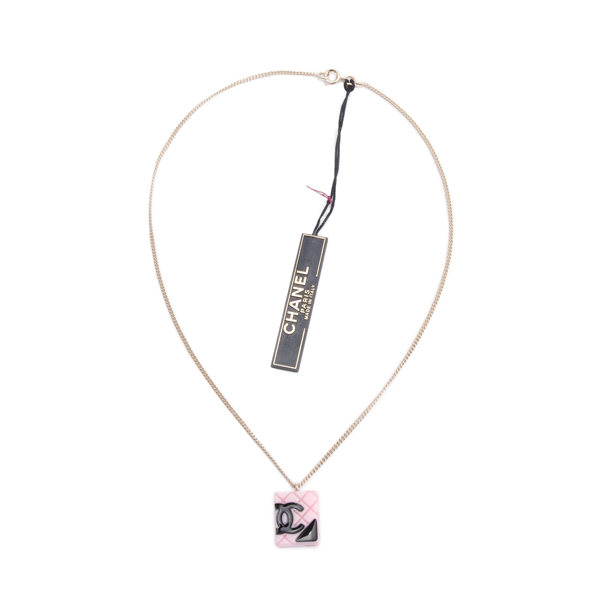 Chanel Gold-Plated Metal Pink & Black Resin CC Cambon Bag Pendant Necklace
