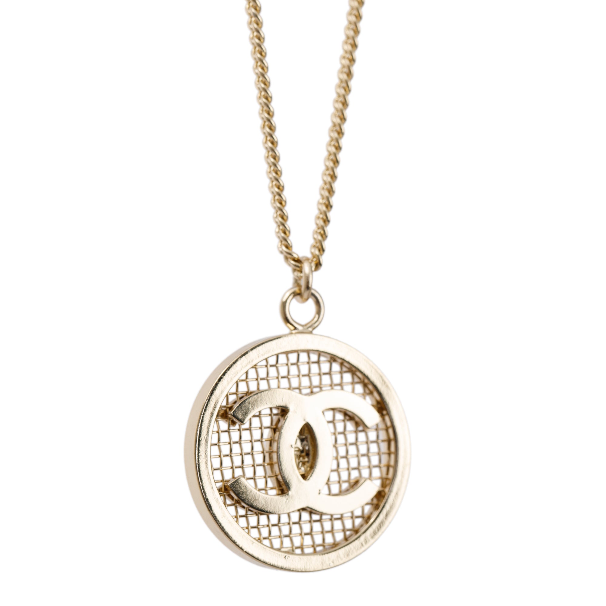 Chanel Gold-Plated Metal Round CC Coco Mesh Pendant Necklace